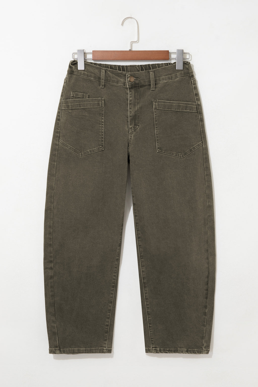Four Leaf Clover Solid Color Square Patch Pocket Ankle-length Barrel Jeans