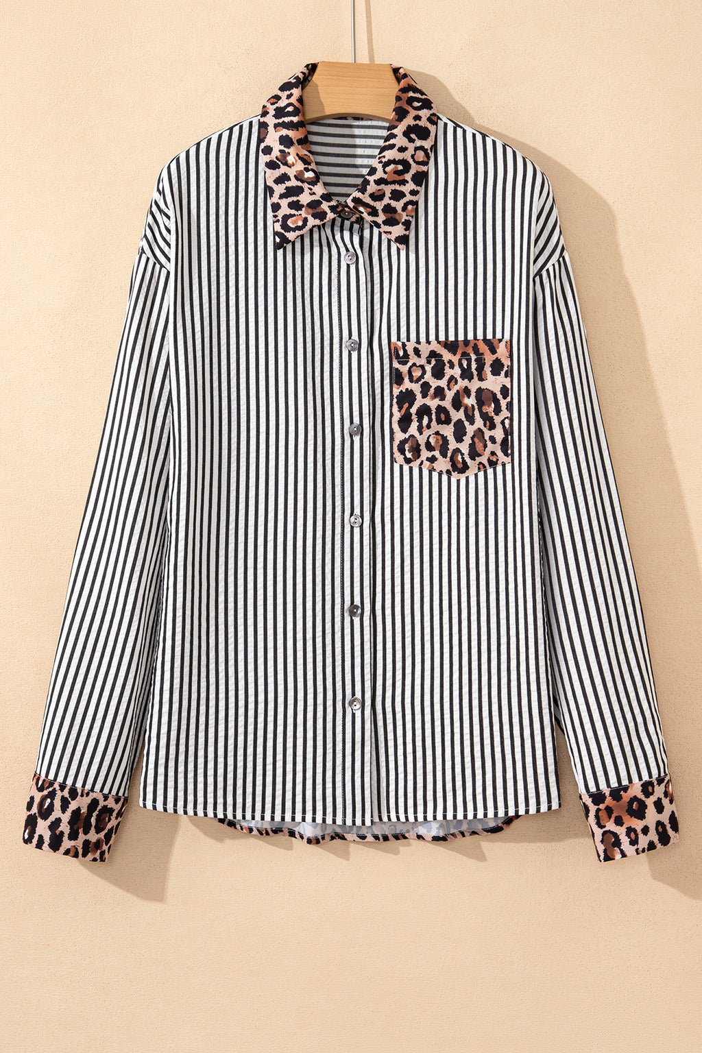 Sky Blue Striped Leopard Print Patchwork Button Up Womens Shirt