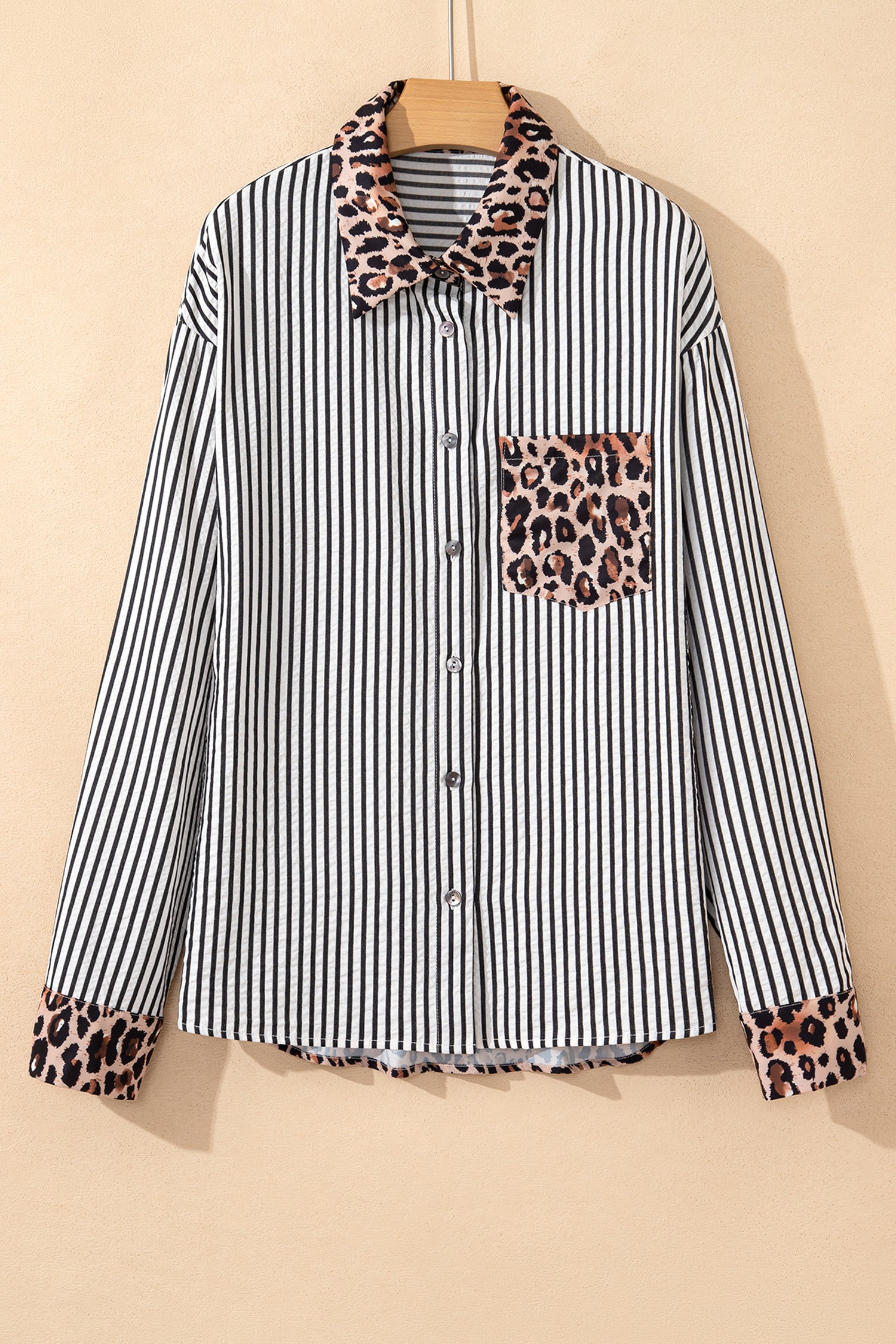 Sky Blue Striped Leopard Print Patchwork Button Up Womens Shirt