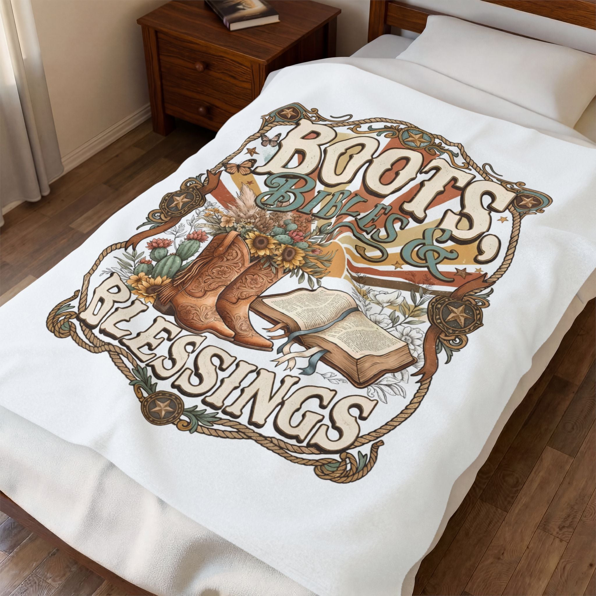 Velveteen Blanket — "Boots, Bibles & Blessings" Cozy Western Throw