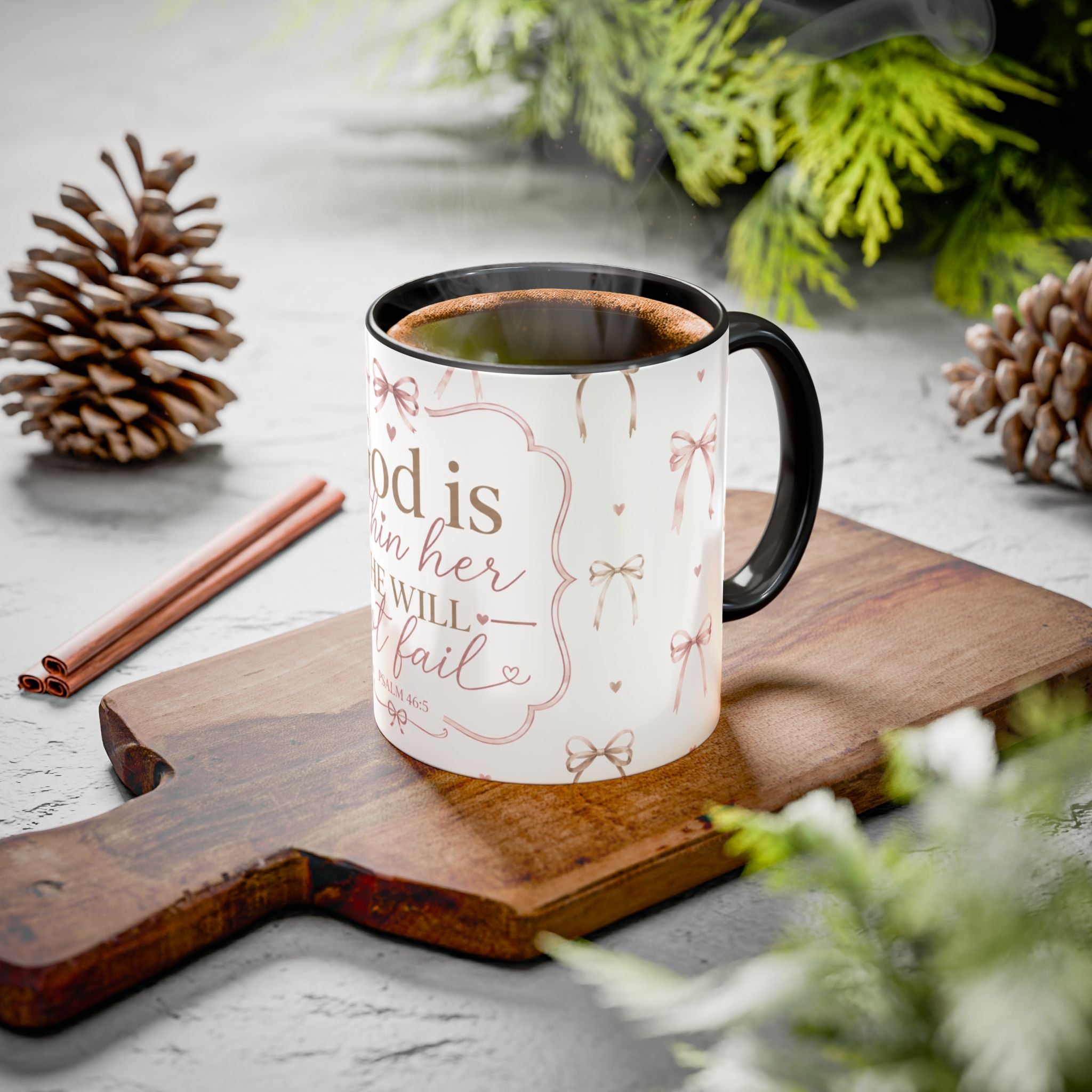 Inspirational Scripture Mug — "God Is Within Her, She Will Not Fail" (Psalm 46:5) — Floral Pink Accent, 11oz