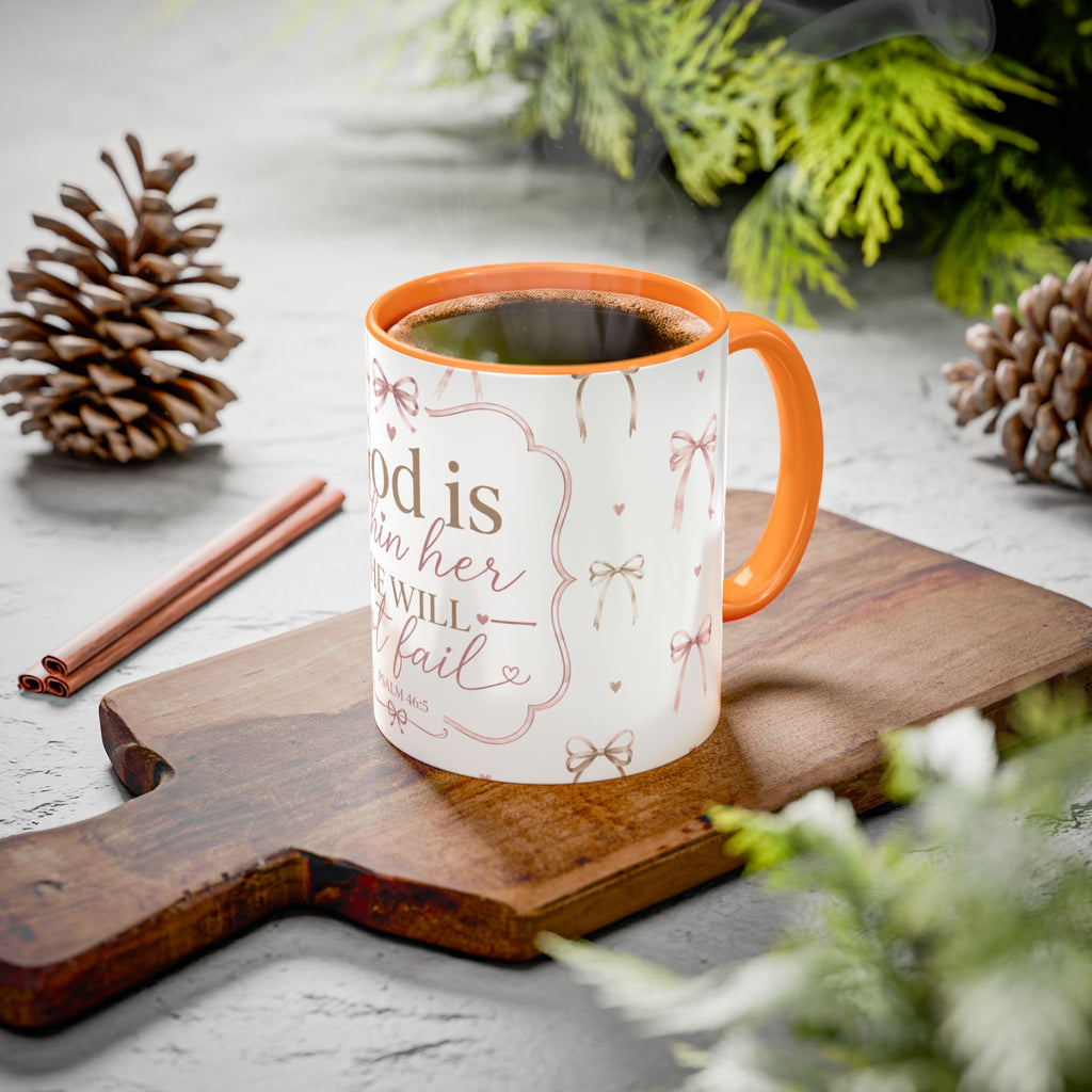 Inspirational Scripture Mug — "God Is Within Her, She Will Not Fail" (Psalm 46:5) — Floral Pink Accent, 11oz