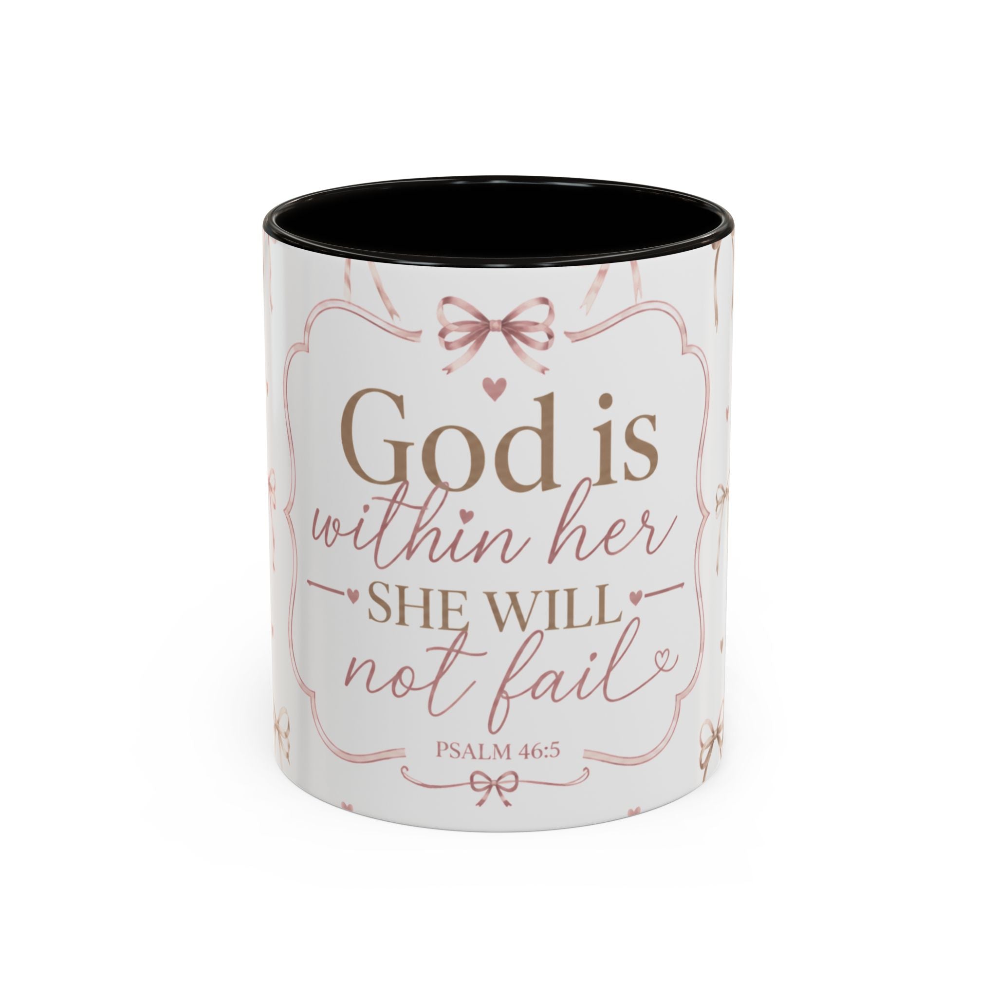 Inspirational Scripture Mug — "God Is Within Her, She Will Not Fail" (Psalm 46:5) — Floral Pink Accent, 11oz