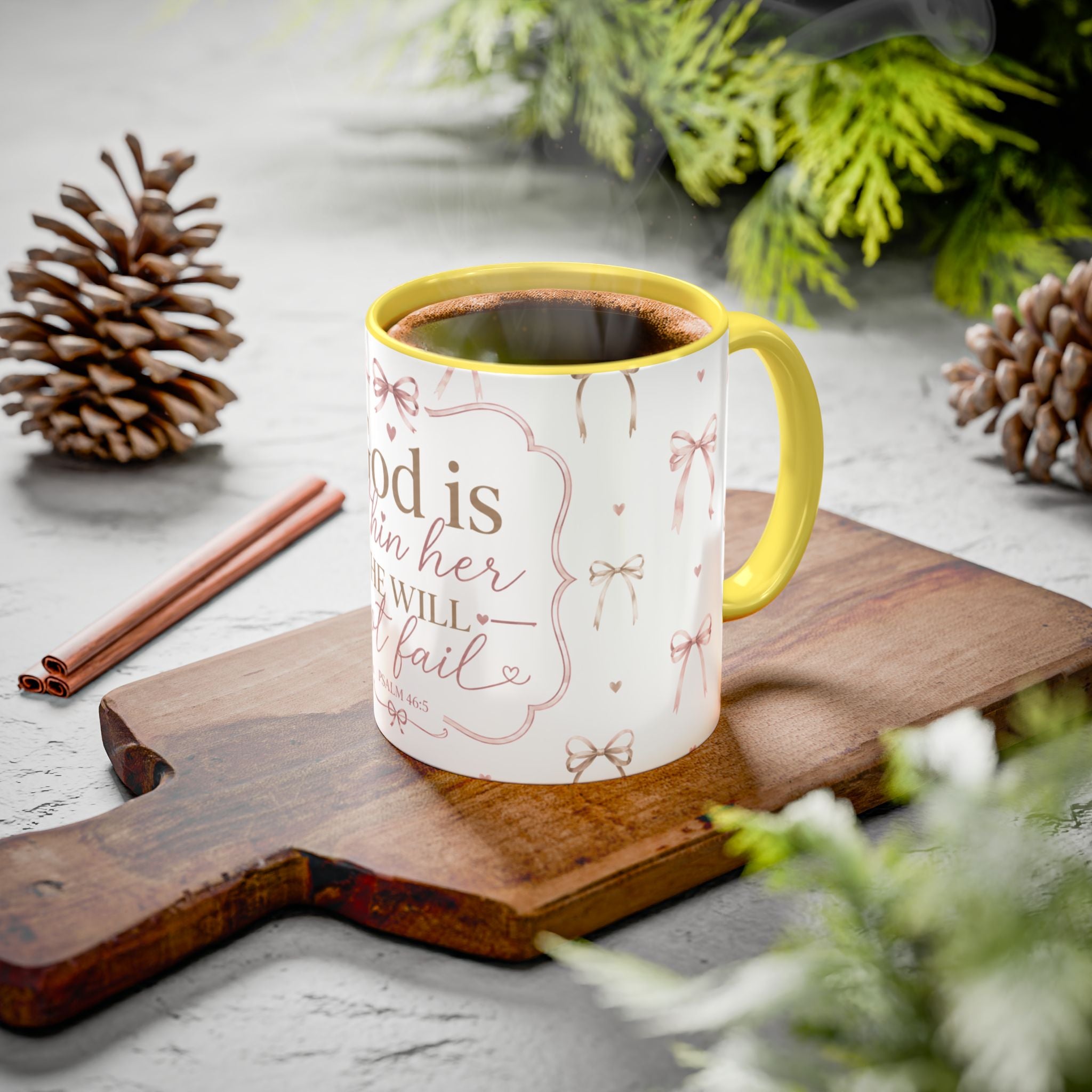 Inspirational Scripture Mug — "God Is Within Her, She Will Not Fail" (Psalm 46:5) — Floral Pink Accent, 11oz