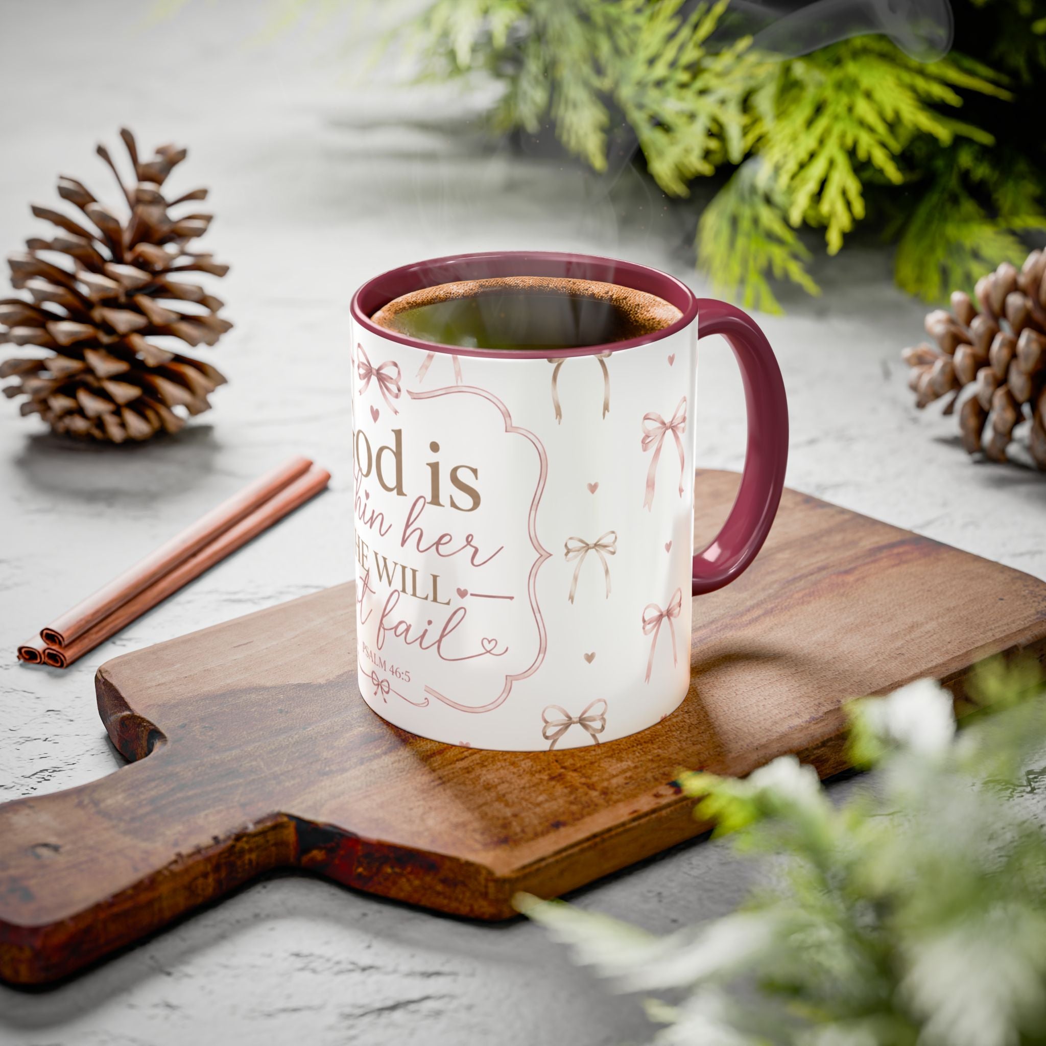Inspirational Scripture Mug — "God Is Within Her, She Will Not Fail" (Psalm 46:5) — Floral Pink Accent, 11oz