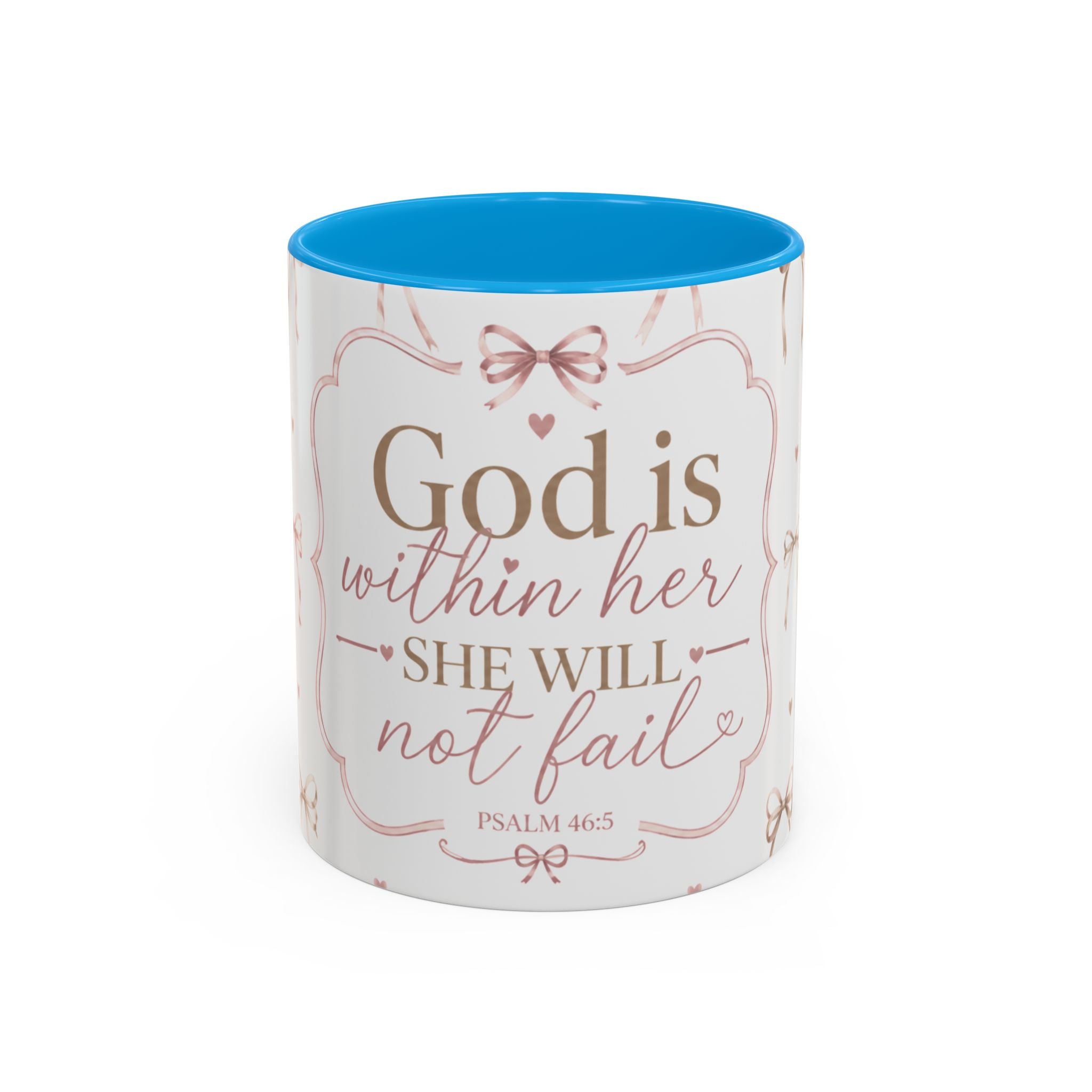Inspirational Scripture Mug — "God Is Within Her, She Will Not Fail" (Psalm 46:5) — Floral Pink Accent, 11oz