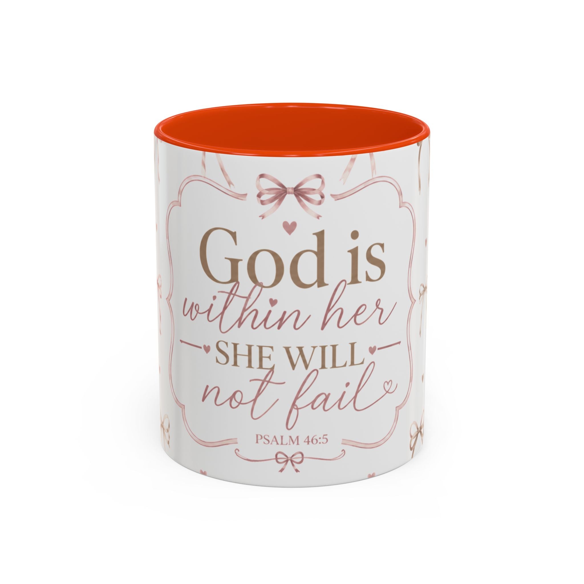 Inspirational Scripture Mug — "God Is Within Her, She Will Not Fail" (Psalm 46:5) — Floral Pink Accent, 11oz