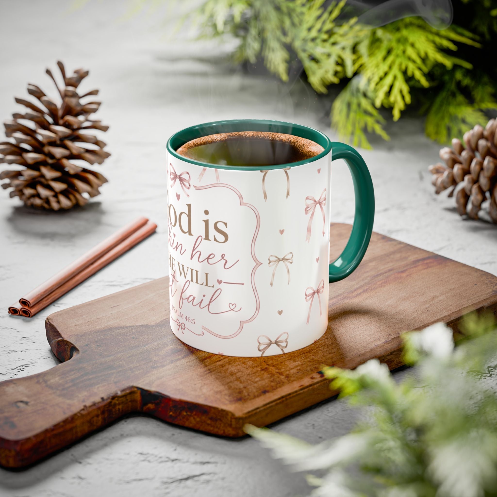 Inspirational Scripture Mug — "God Is Within Her, She Will Not Fail" (Psalm 46:5) — Floral Pink Accent, 11oz
