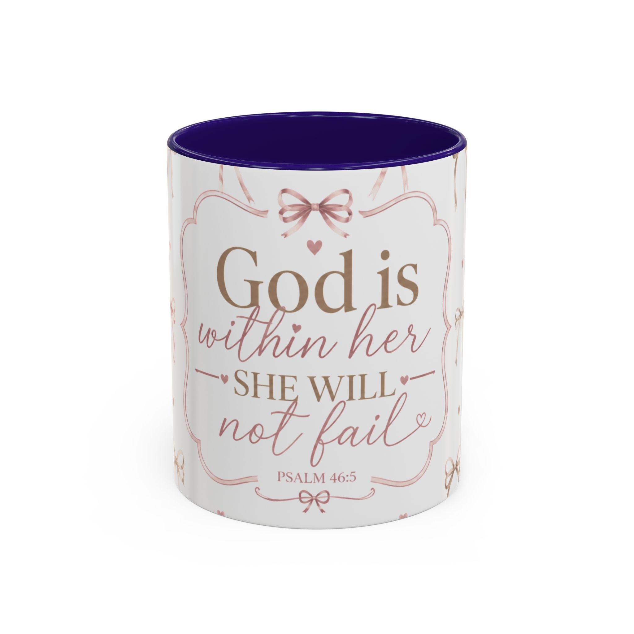 Inspirational Scripture Mug — "God Is Within Her, She Will Not Fail" (Psalm 46:5) — Floral Pink Accent, 11oz
