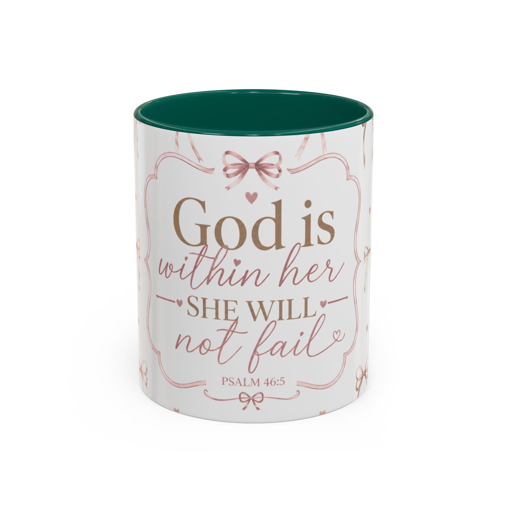 Inspirational Scripture Mug — "God Is Within Her, She Will Not Fail" (Psalm 46:5) — Floral Pink Accent, 11oz