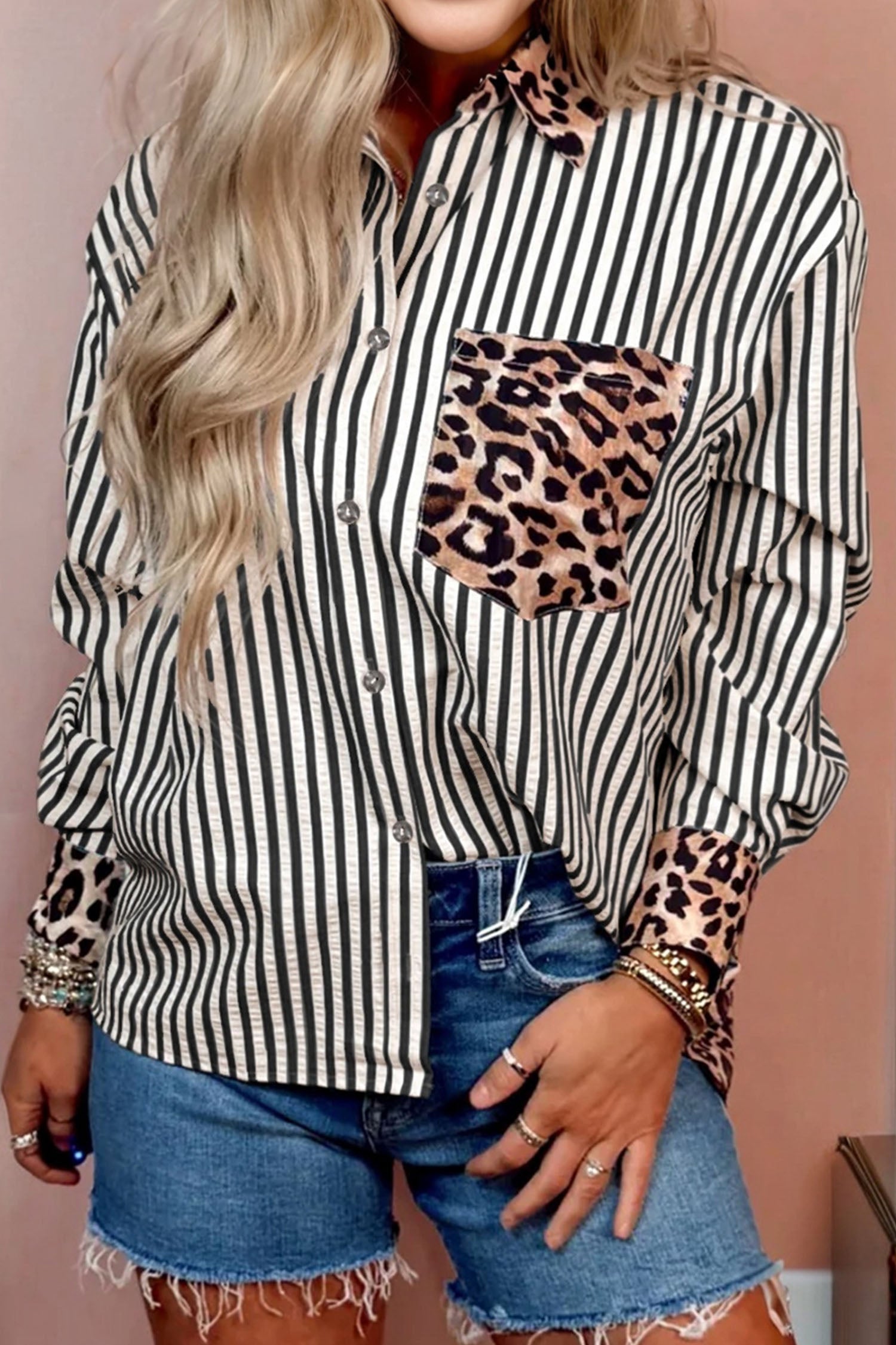 Sky Blue Striped Leopard Print Patchwork Button Up Womens Shirt