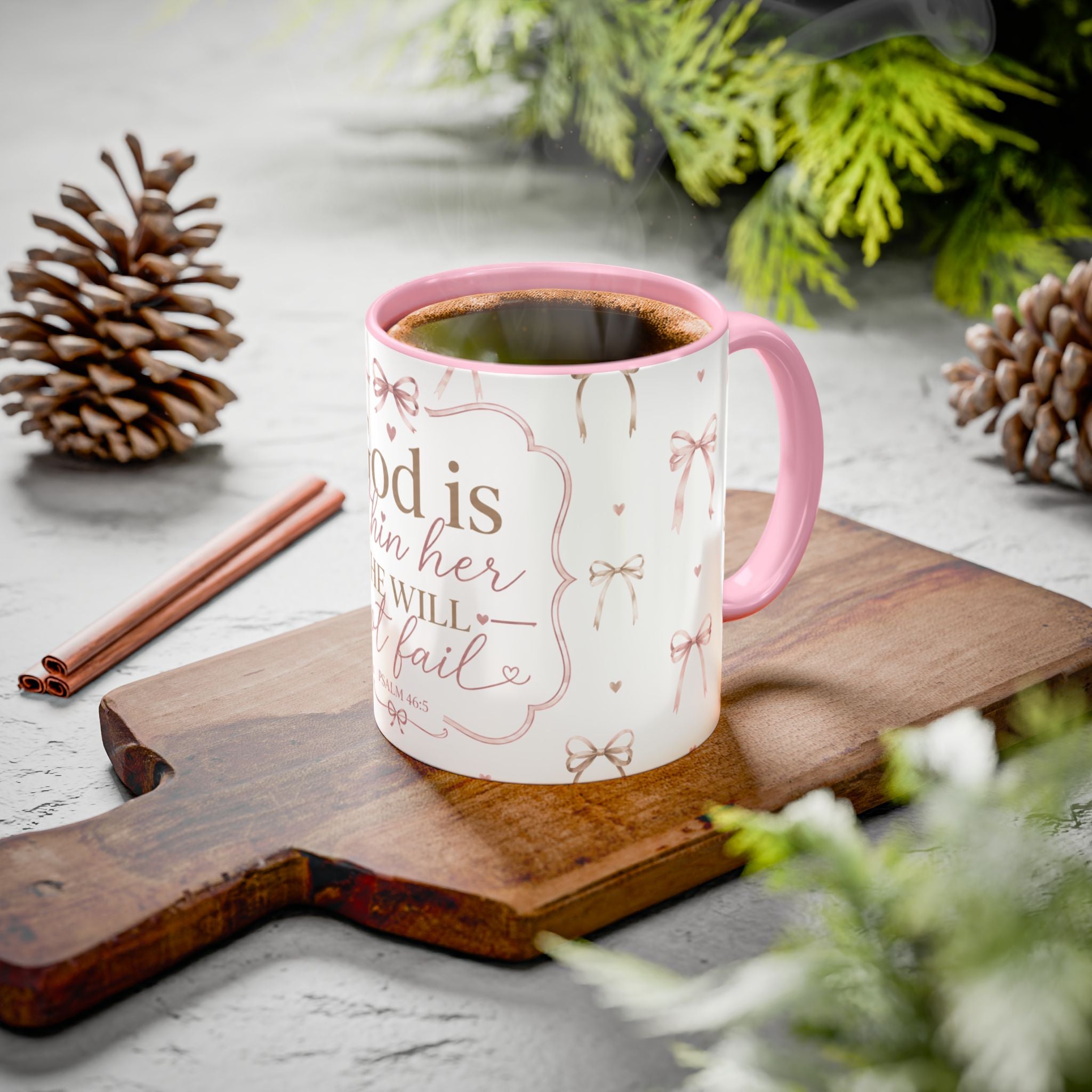 Inspirational Scripture Mug — "God Is Within Her, She Will Not Fail" (Psalm 46:5) — Floral Pink Accent, 11oz