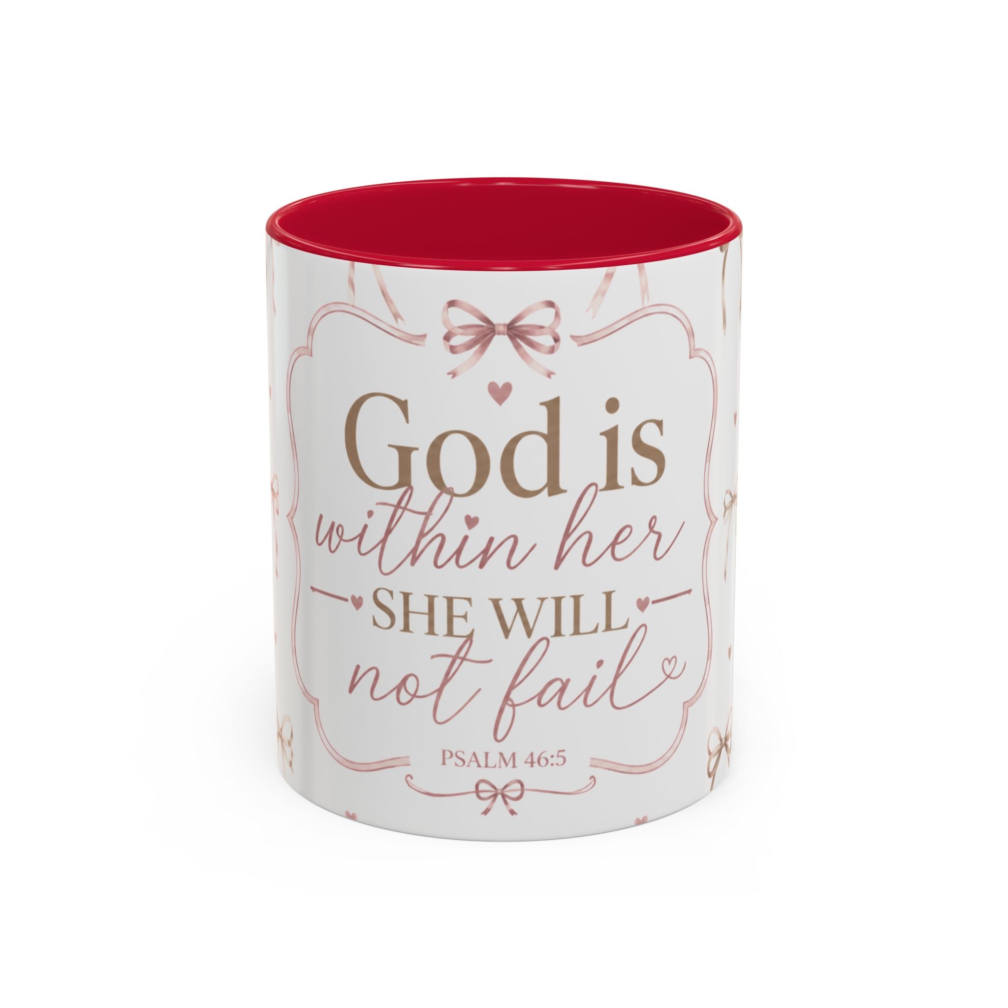 Inspirational Scripture Mug — "God Is Within Her, She Will Not Fail" (Psalm 46:5) — Floral Pink Accent, 11oz
