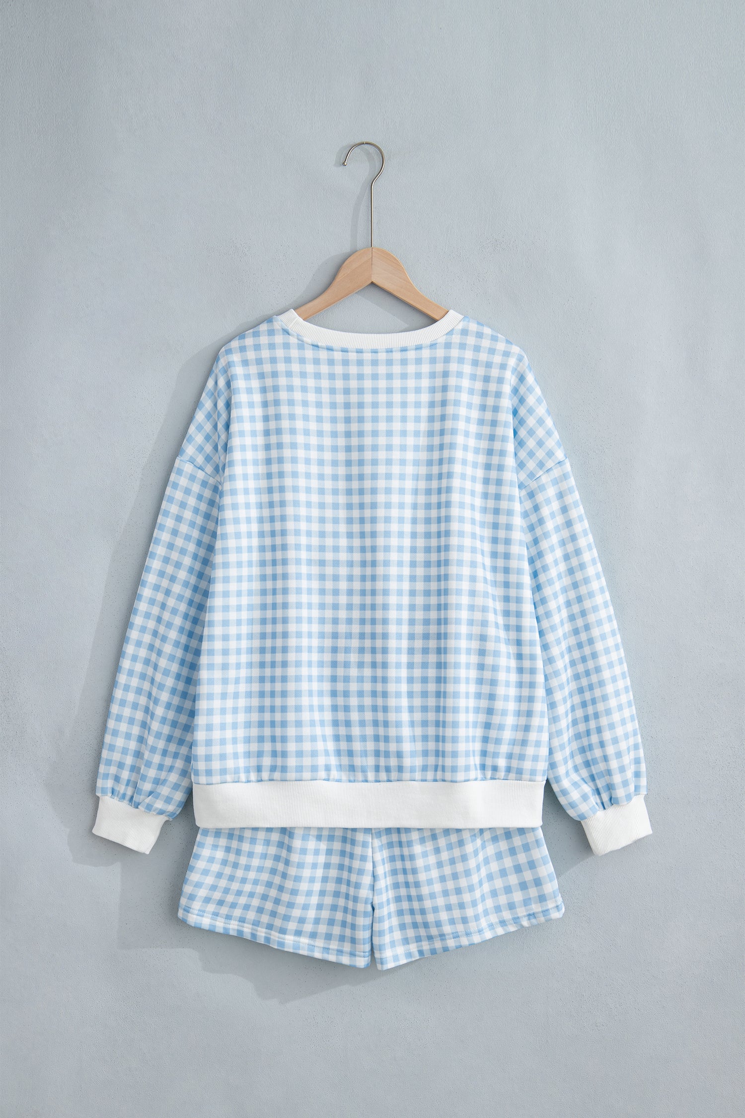Sky Blue Plaid Baggy Pullover Drawstring Casual Shorts 2pcs Outfit