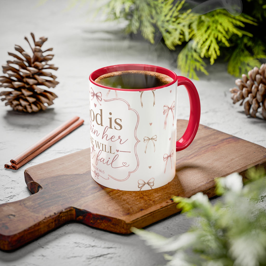 Inspirational Scripture Mug — "God Is Within Her, She Will Not Fail" (Psalm 46:5) — Floral Pink Accent, 11oz