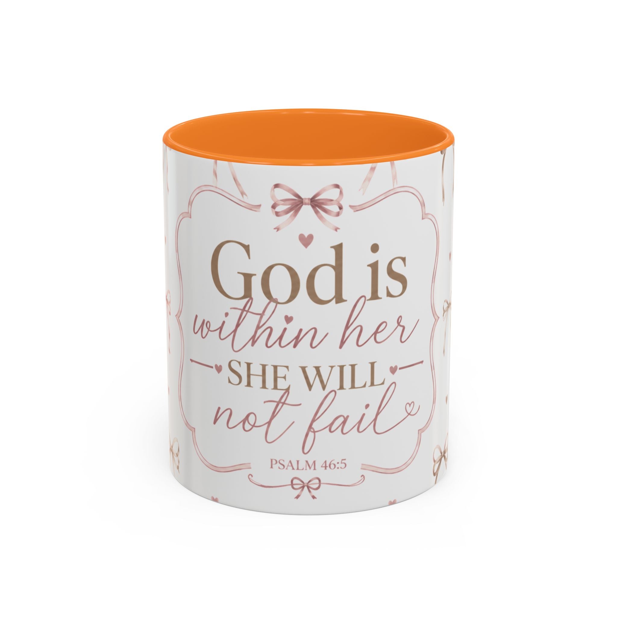 Inspirational Scripture Mug — "God Is Within Her, She Will Not Fail" (Psalm 46:5) — Floral Pink Accent, 11oz