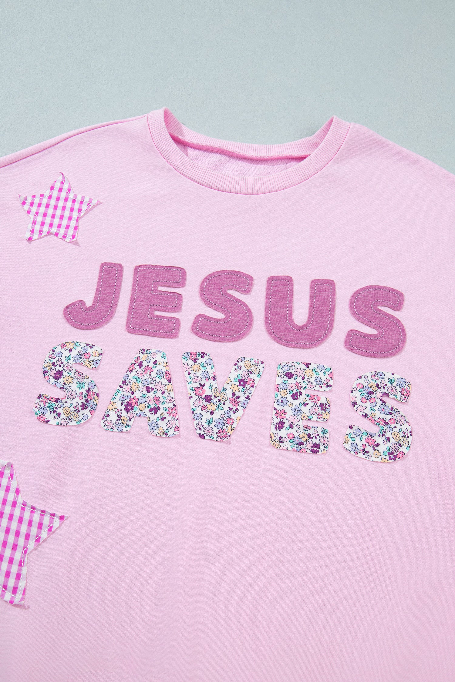 Pink Patchwork Stars Plaid Unique Floral Letters Baggy Sweatshirt