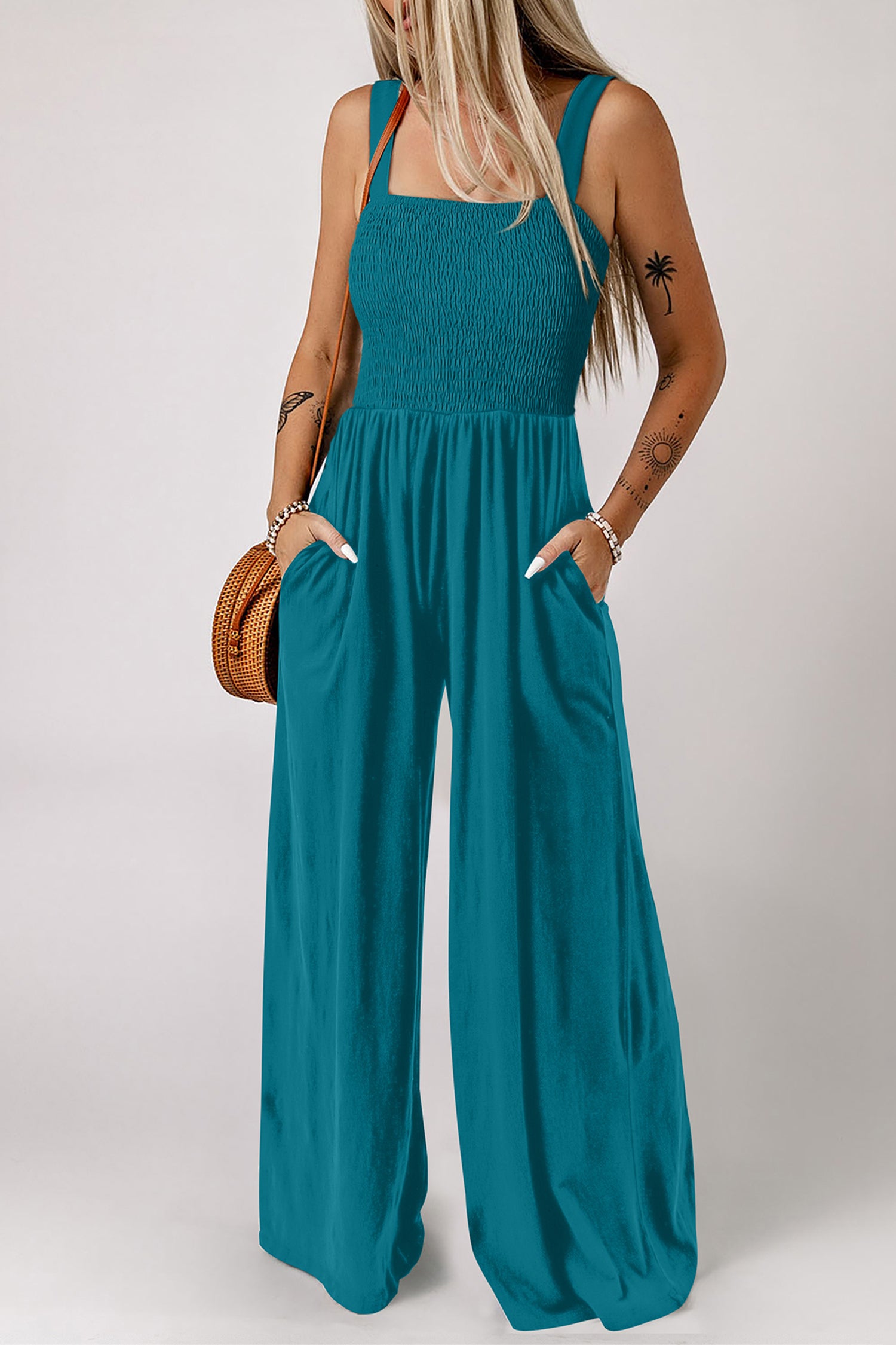 Rose Red Smocked Square Neck Sleeveless Jumpsuit with Pockets