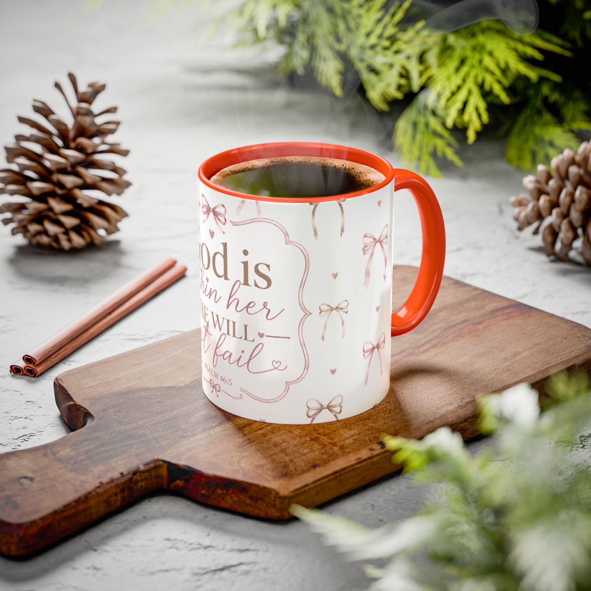 Inspirational Scripture Mug — "God Is Within Her, She Will Not Fail" (Psalm 46:5) — Floral Pink Accent, 11oz