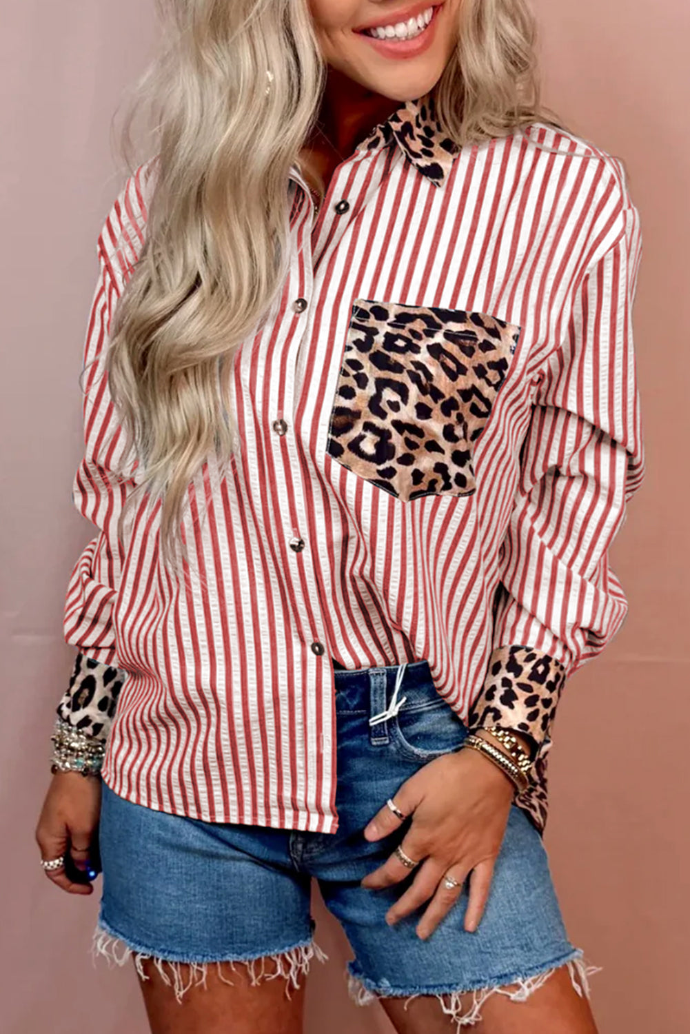Sky Blue Striped Leopard Print Patchwork Button Up Womens Shirt