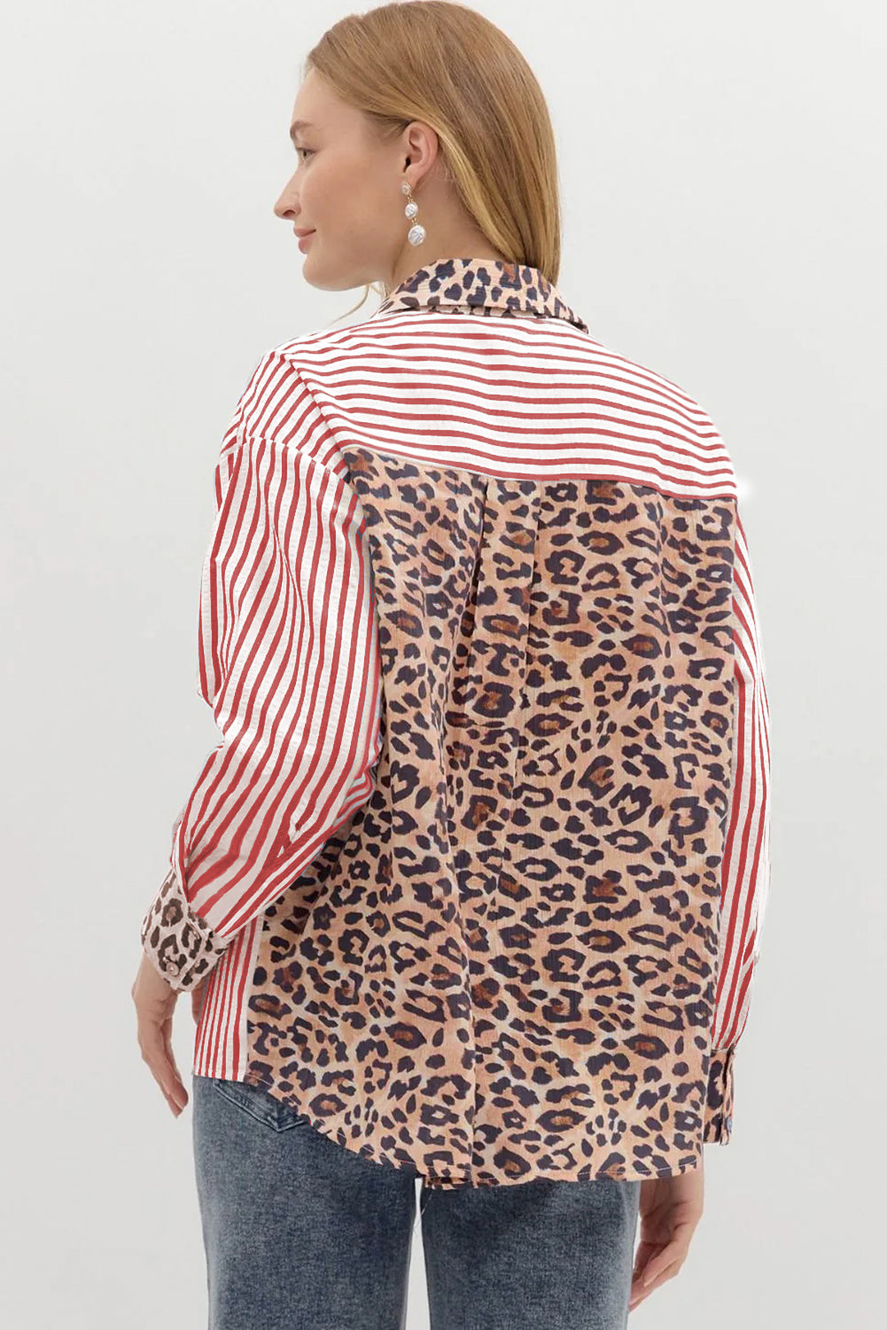 Sky Blue Striped Leopard Print Patchwork Button Up Womens Shirt