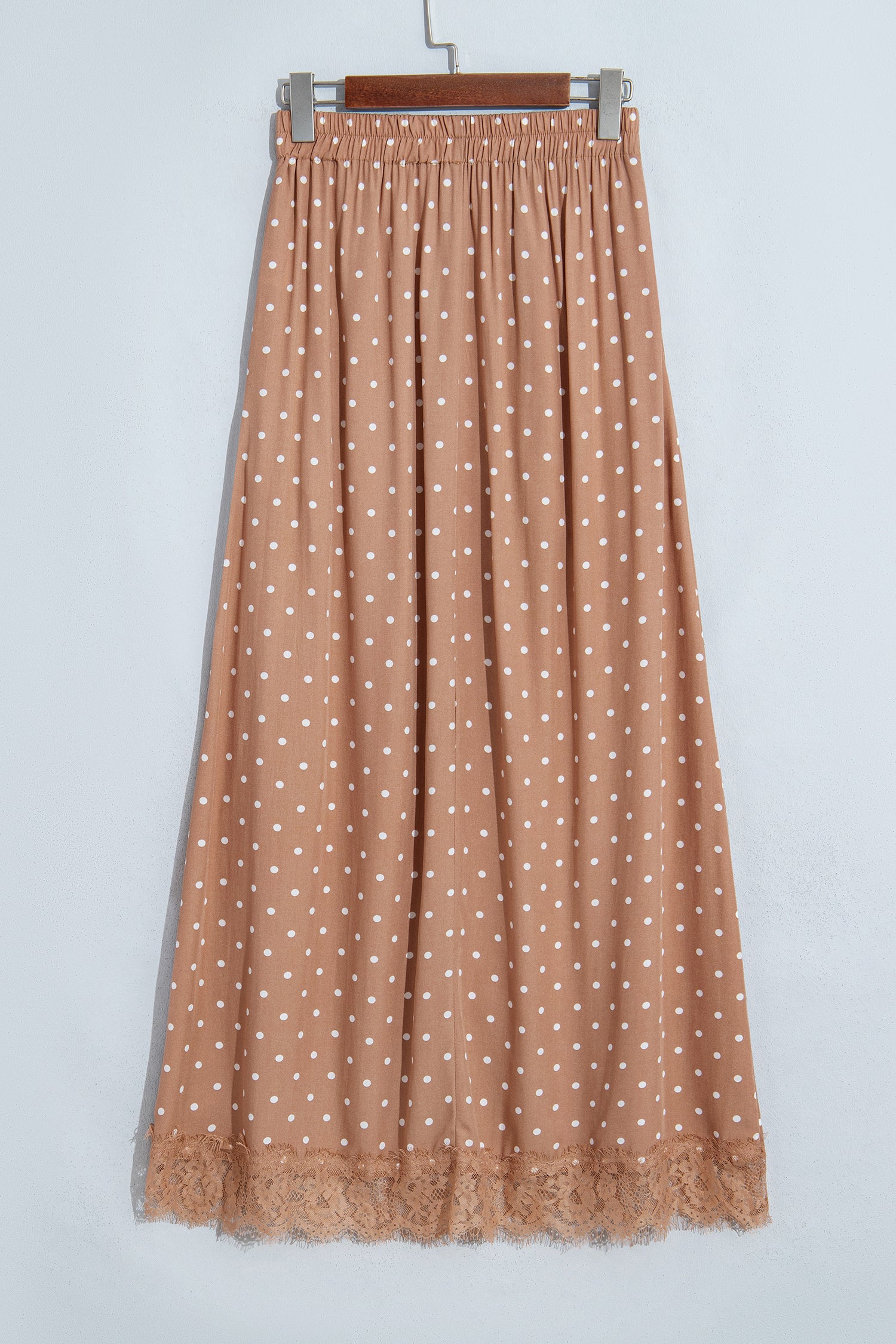 Brown Polka Dot Lace Hem Elegant Long Shift Skirt