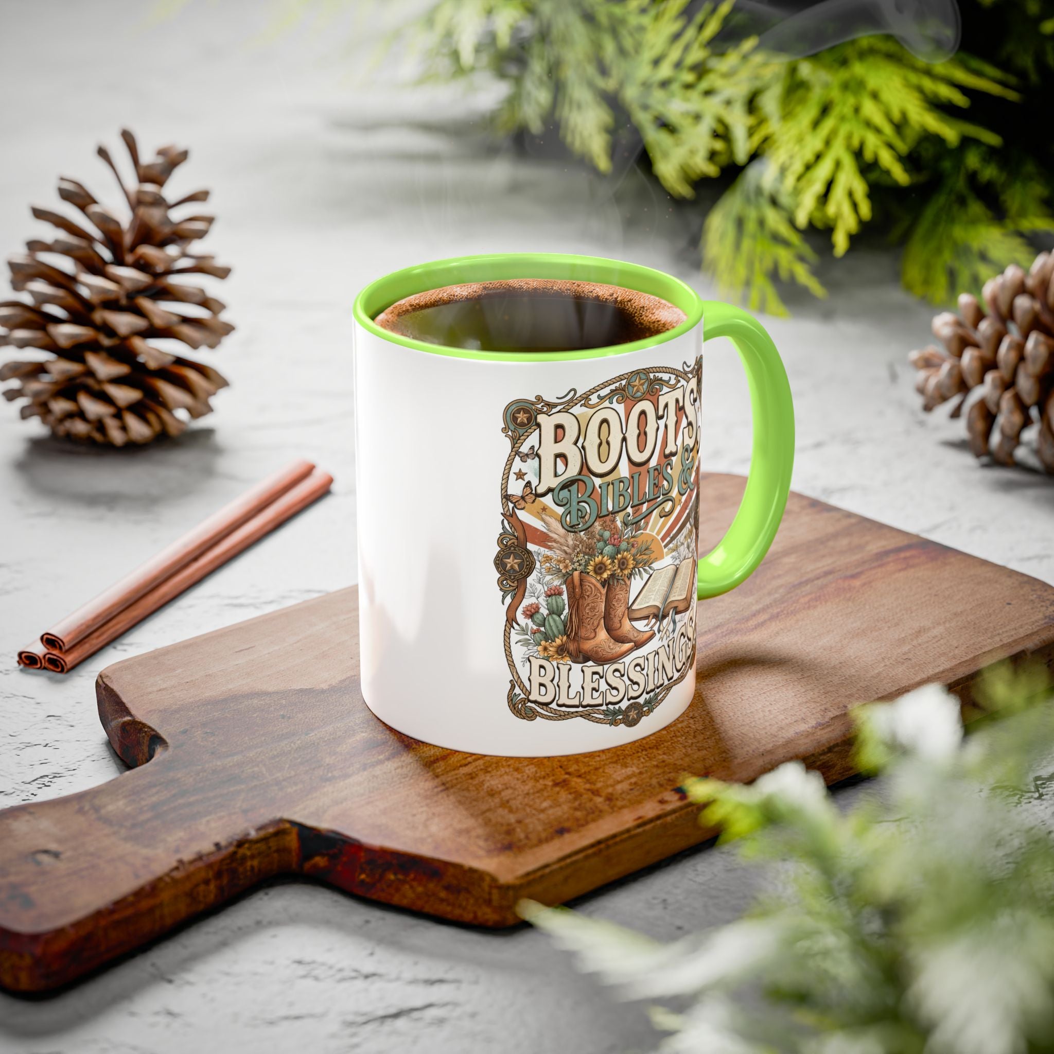 Boots Bibles Blessings Mug — Country Western Coffee Cup (11oz/15oz)