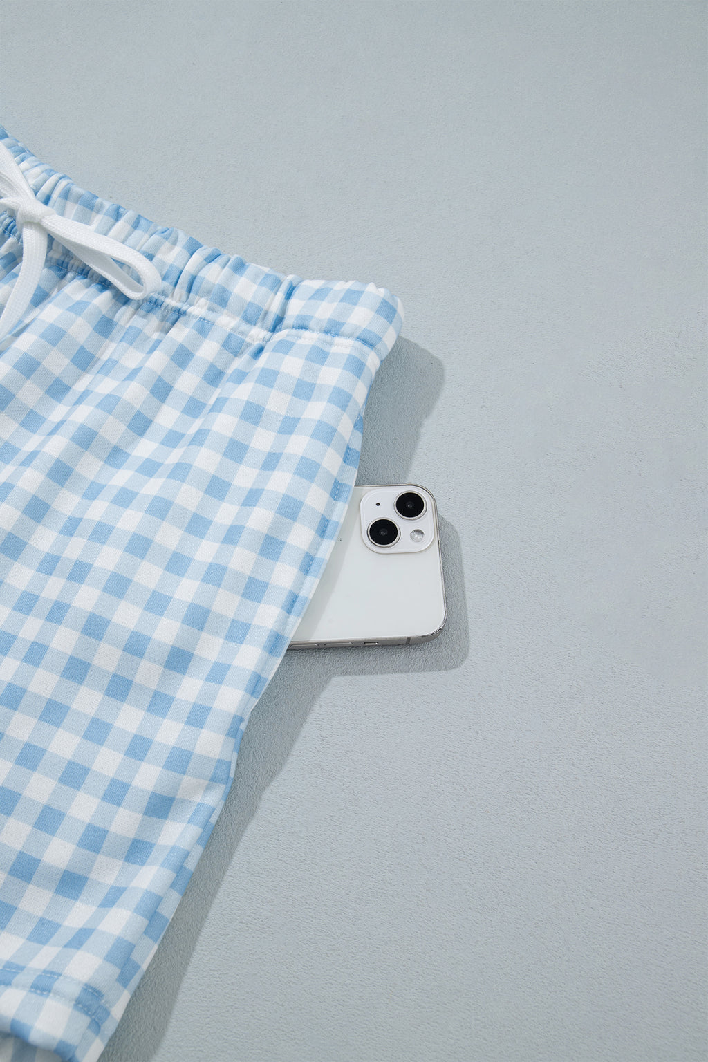 Sky Blue Plaid Baggy Pullover Drawstring Casual Shorts 2pcs Outfit