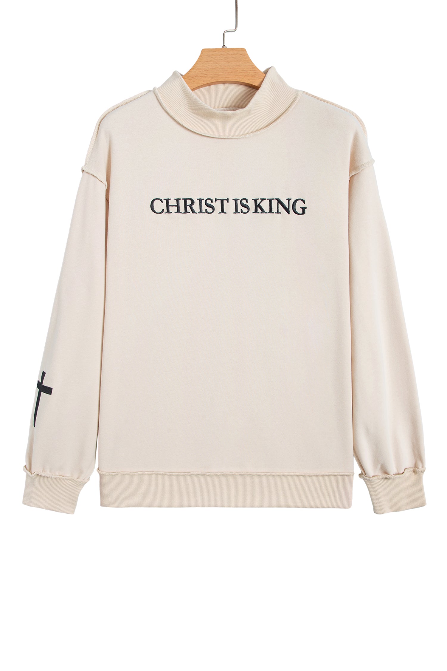 Beige CHRIST IS KING Embroidery High Neck Baggy Sweatshirt