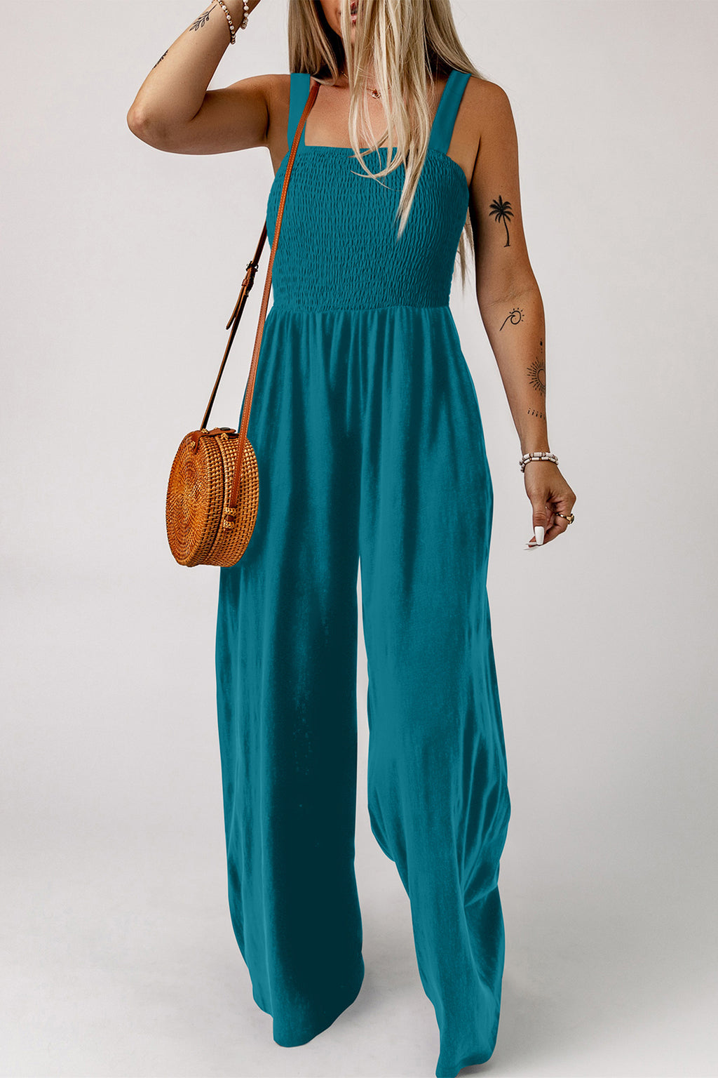 Rose Red Smocked Square Neck Sleeveless Jumpsuit with Pockets