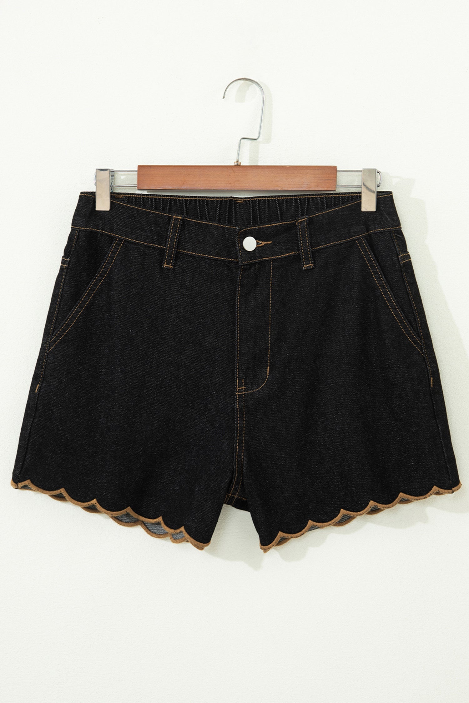 Navy Blue Embroidered Scalloped Trim Relaxed Denim Shorts