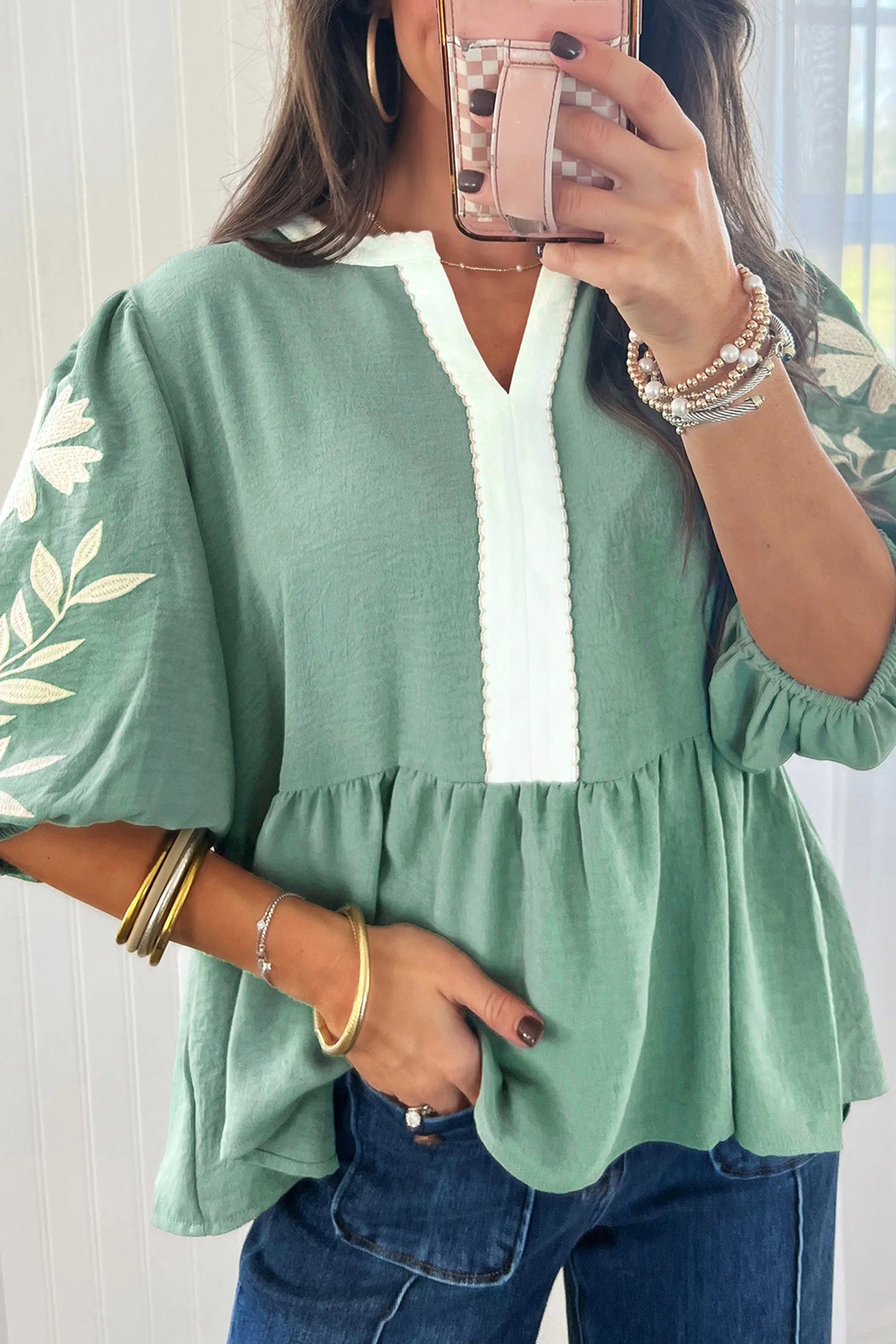 Myosotis Color Block Patchwork V Neck Embroidered Puff Sleeve Babydoll Blouse