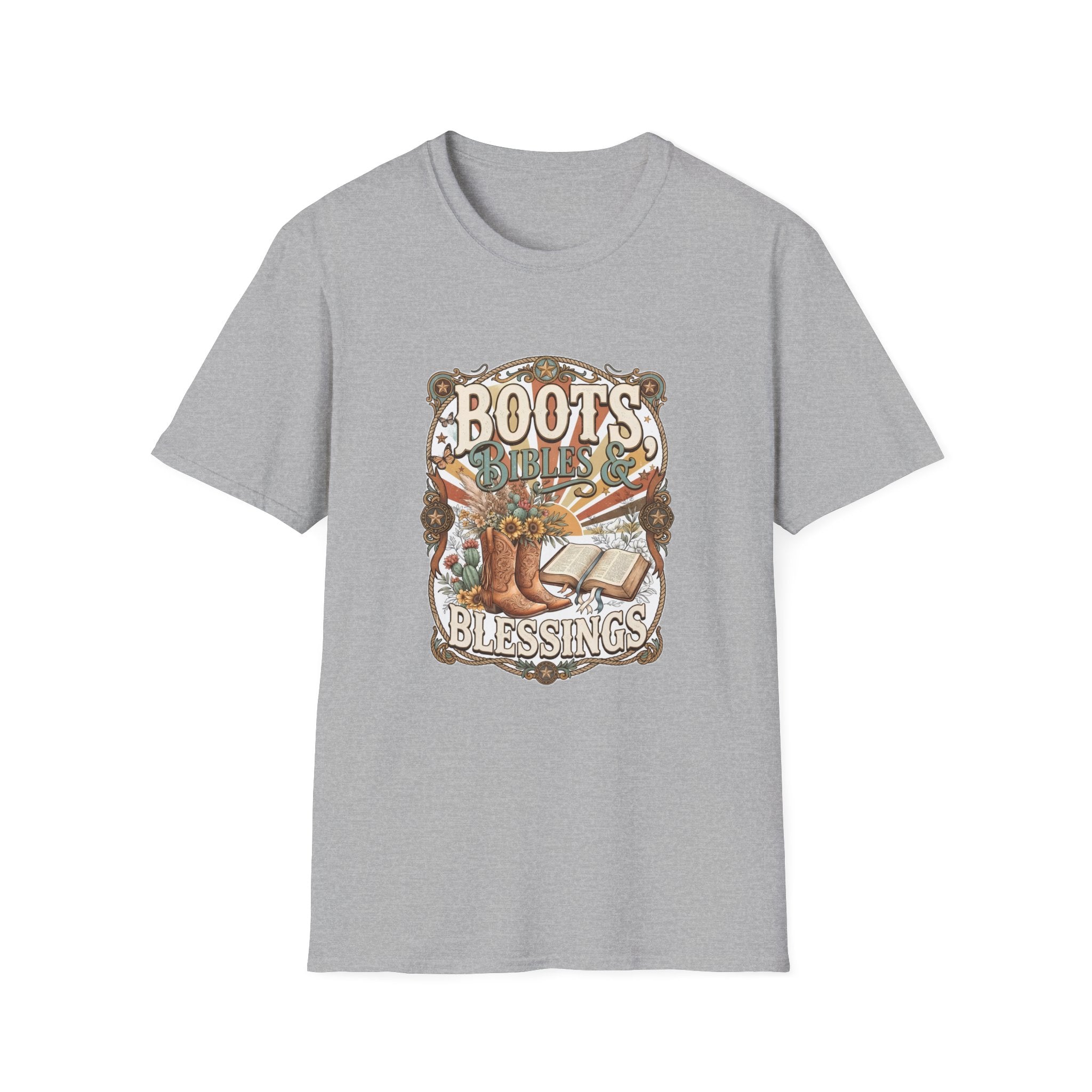 Boots Bibles & Blessings T-Shirt — Western Faith Graphic Tee