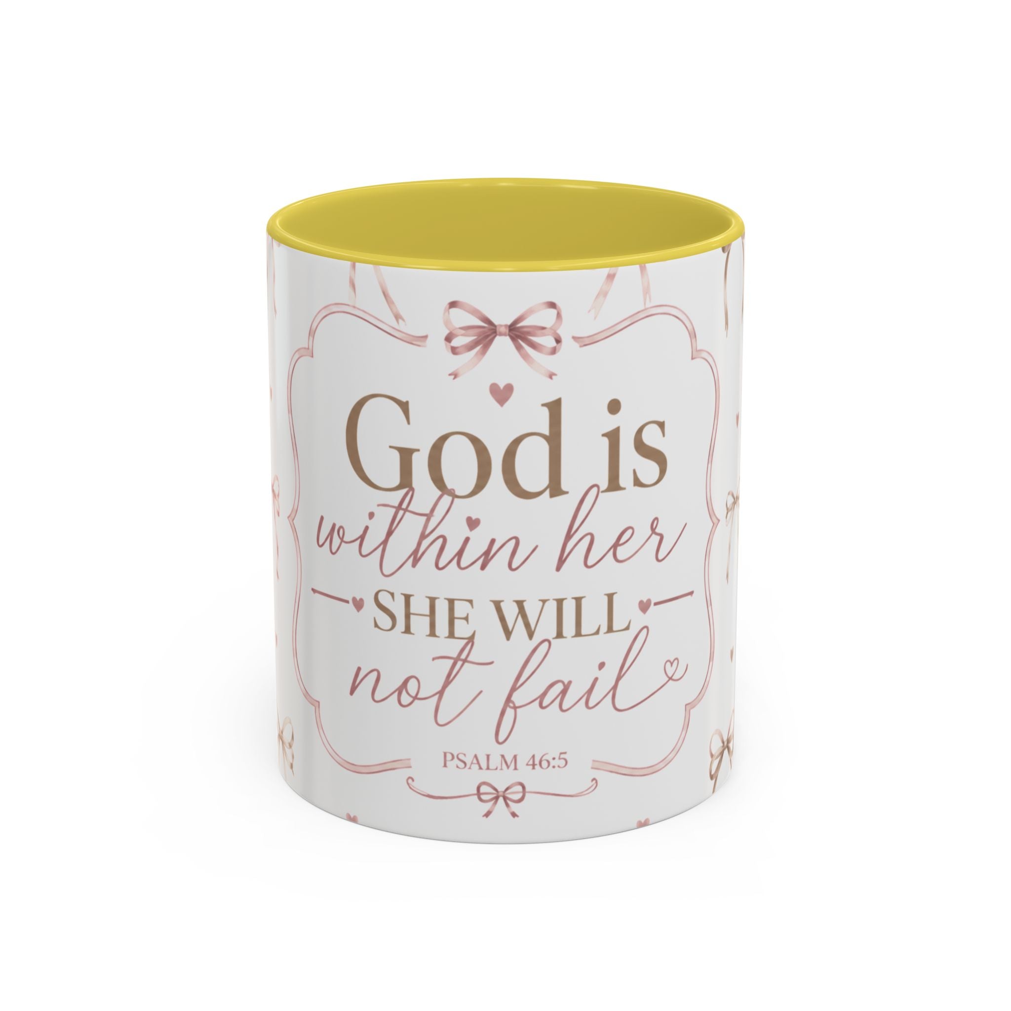 Inspirational Scripture Mug — "God Is Within Her, She Will Not Fail" (Psalm 46:5) — Floral Pink Accent, 11oz