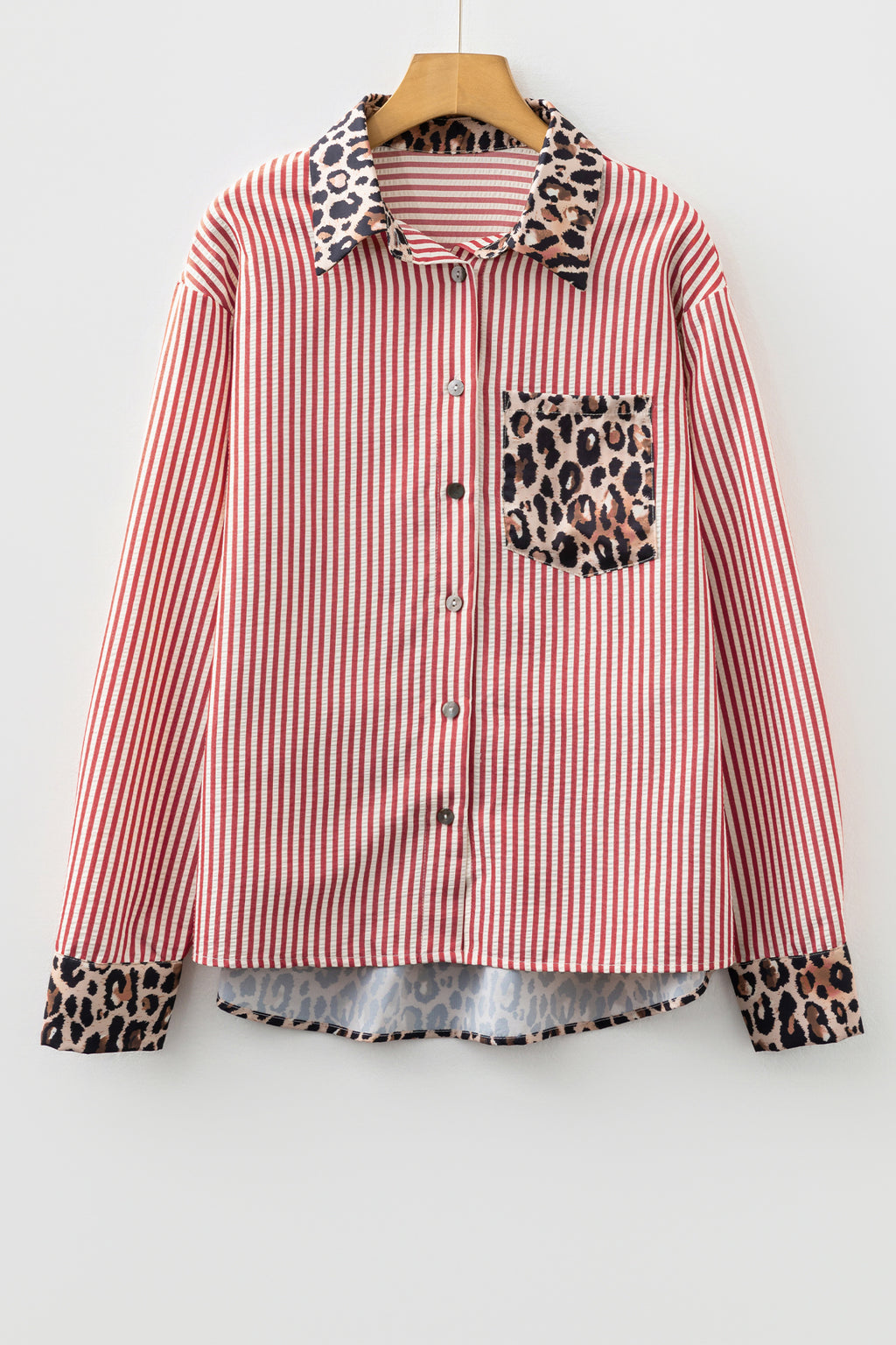 Sky Blue Striped Leopard Print Patchwork Button Up Womens Shirt