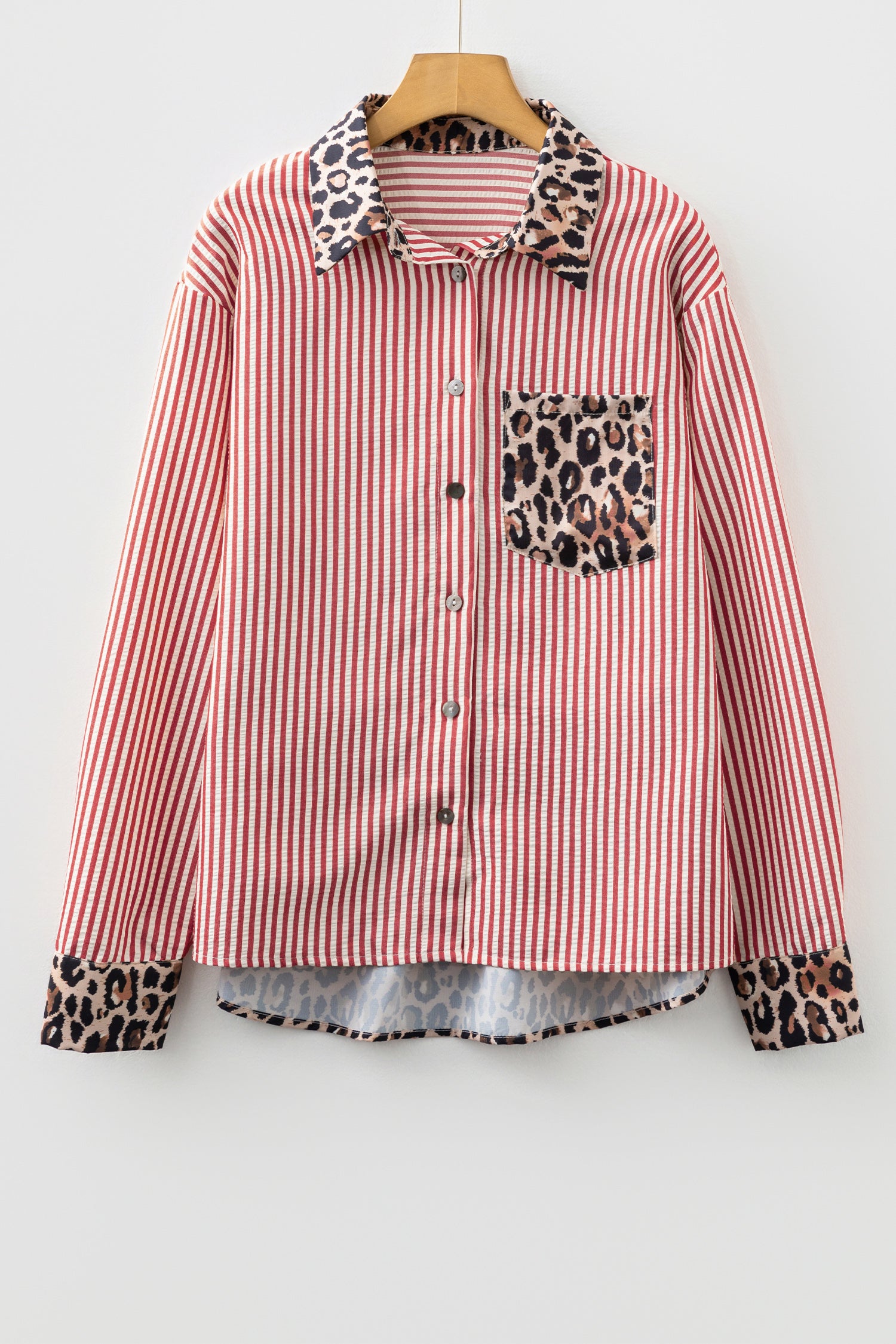 Sky Blue Striped Leopard Print Patchwork Button Up Womens Shirt
