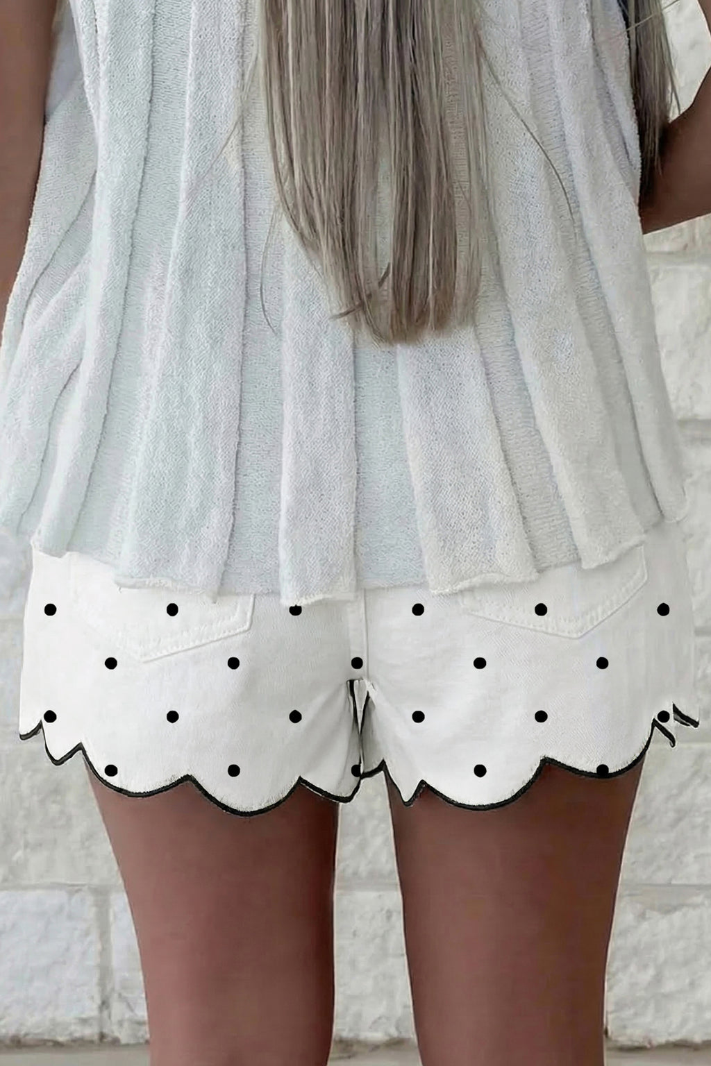 White Polka Dot Print Embroidered Scallop Hem Shorts
