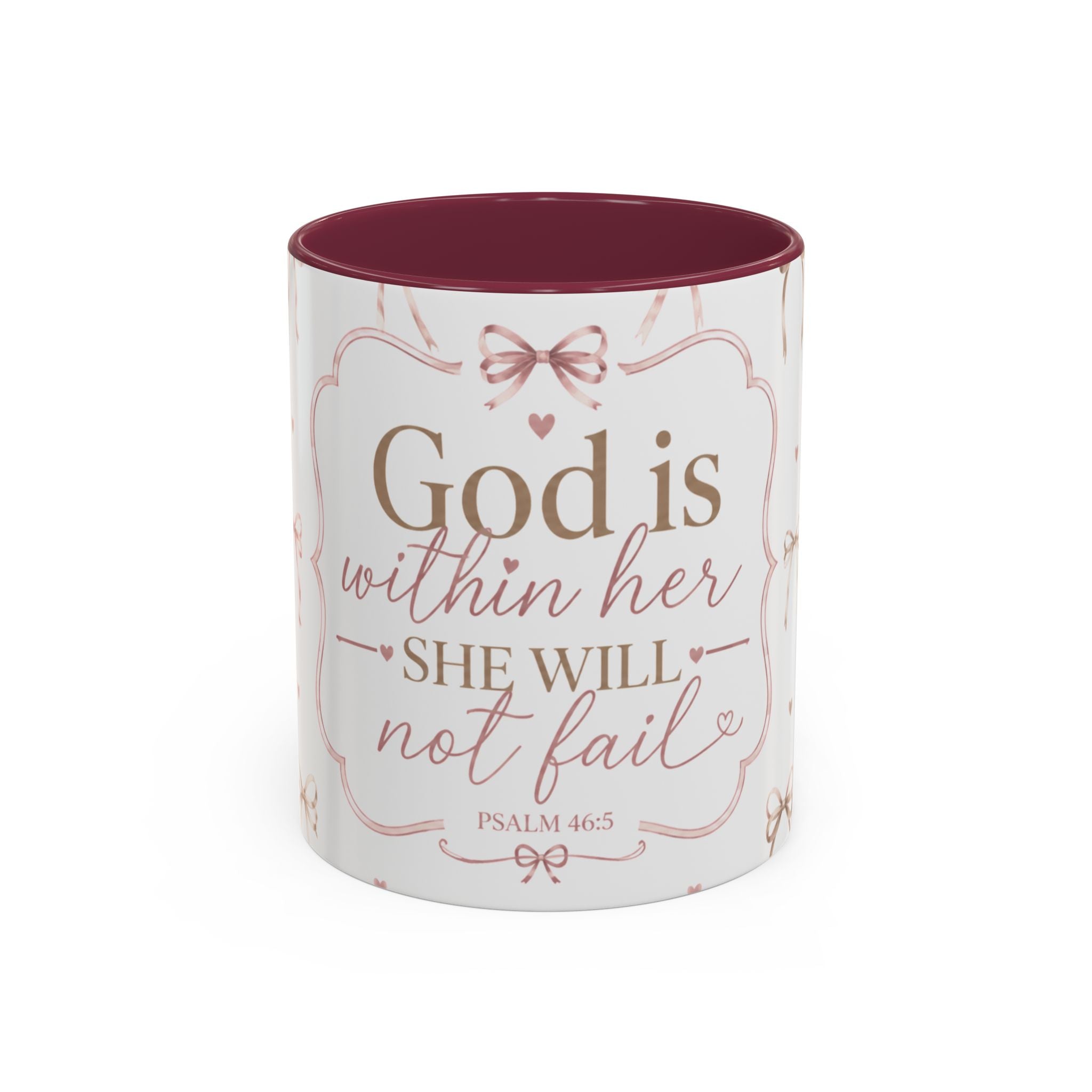 Inspirational Scripture Mug — "God Is Within Her, She Will Not Fail" (Psalm 46:5) — Floral Pink Accent, 11oz
