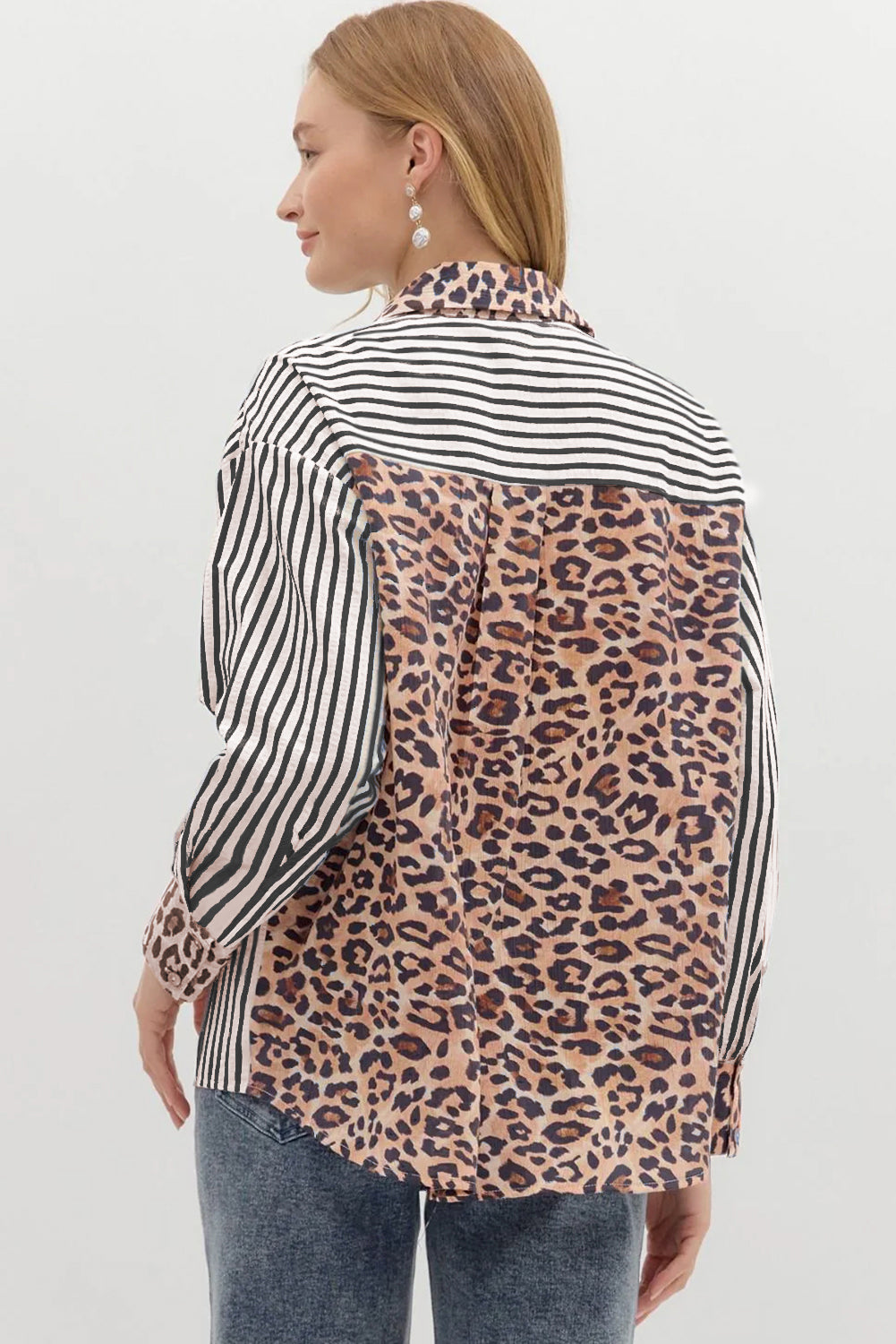 Sky Blue Striped Leopard Print Patchwork Button Up Womens Shirt