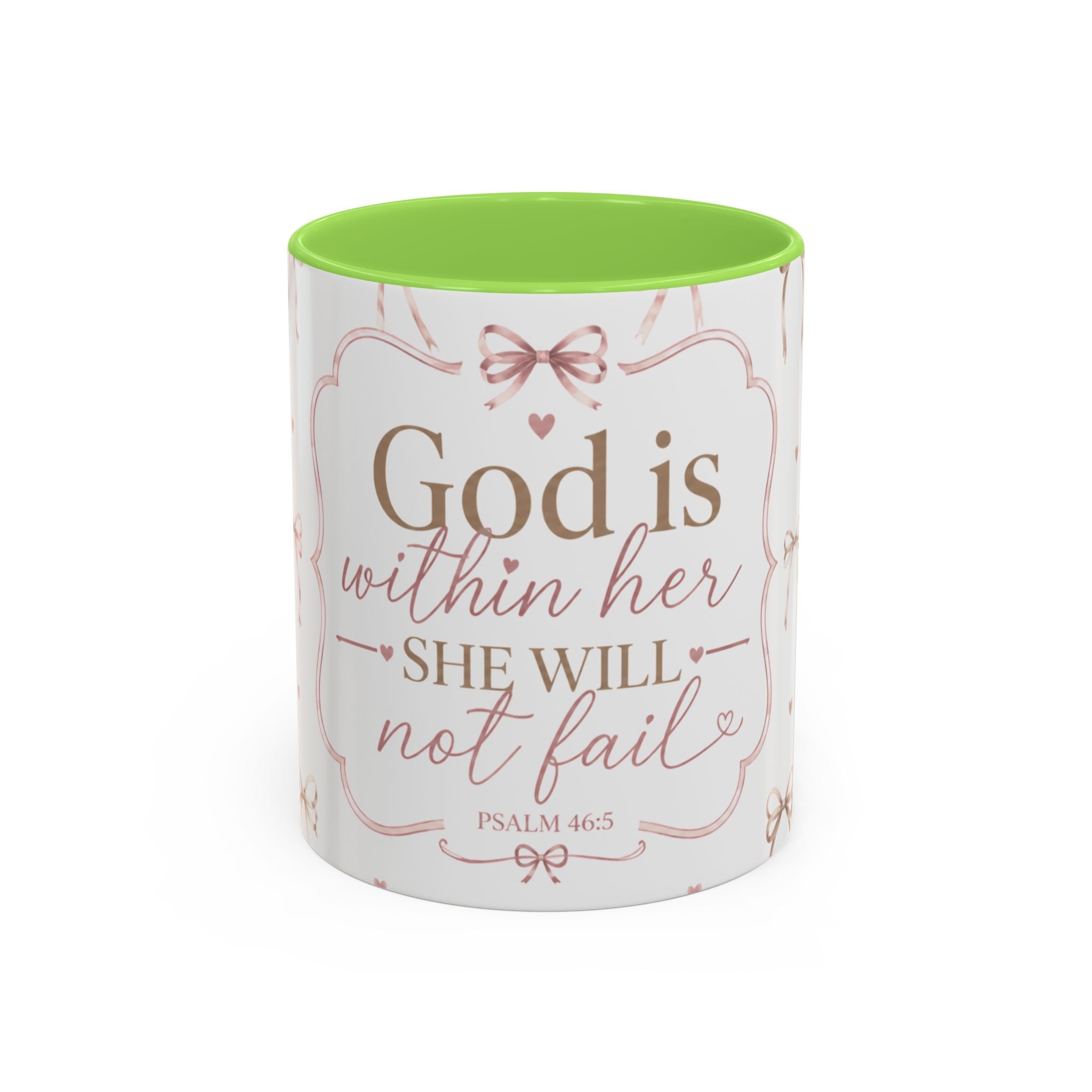 Inspirational Scripture Mug — "God Is Within Her, She Will Not Fail" (Psalm 46:5) — Floral Pink Accent, 11oz