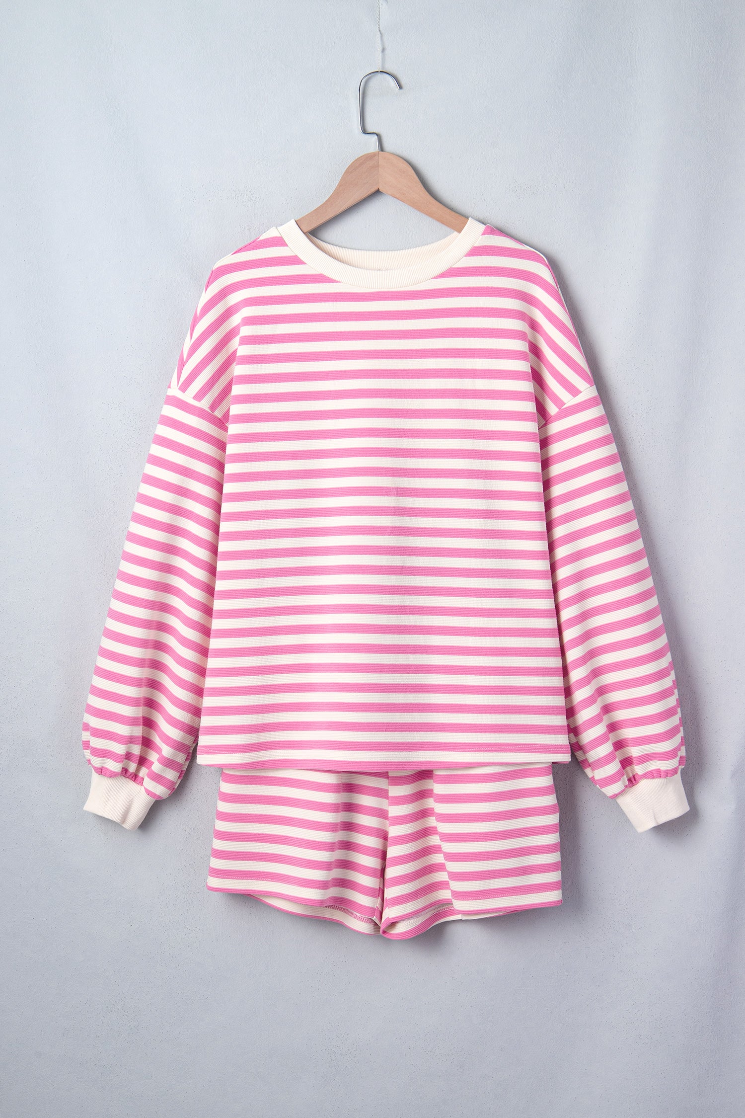 Pink Striped Long Sleeve Crew Neck Drawstring Waist Shorts Set