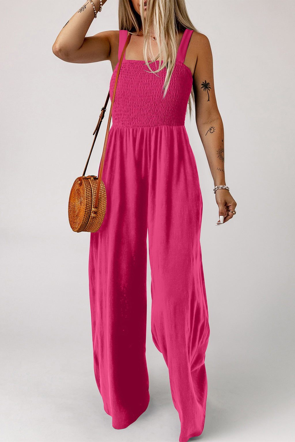 Rose Red Smocked Square Neck Sleeveless Jumpsuit with Pockets