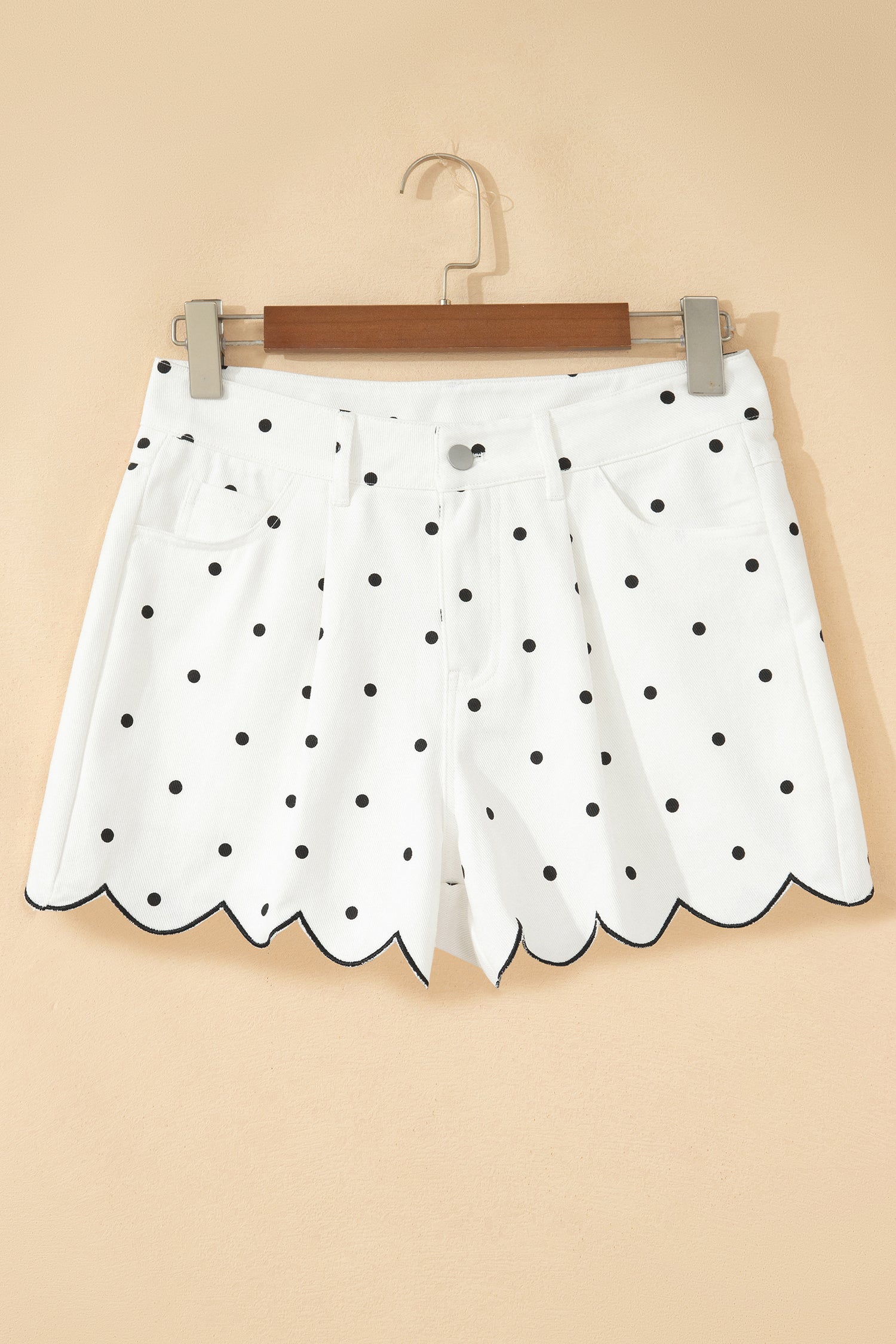 White Polka Dot Print Embroidered Scallop Hem Shorts