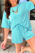 Sky Blue Stripe Raised Rib Loose Tee Drawstring Elastic Waist 2pcs Short Set