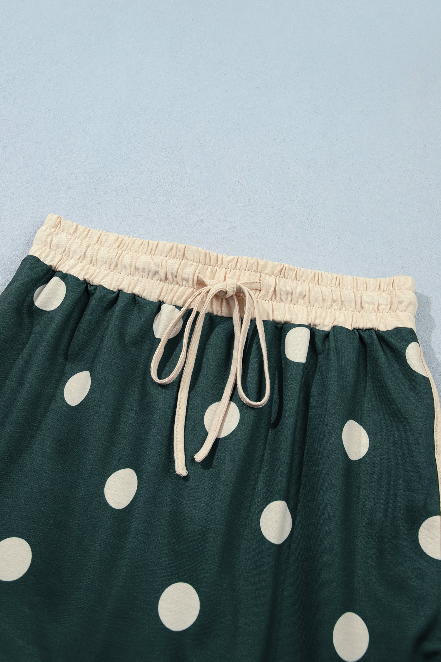 Green Polka Dot Print Color Block Trim Baggy Pullover Drawstring Skirt 2pcs Set