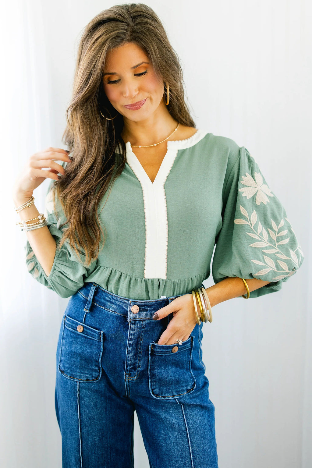 Myosotis Color Block Patchwork V Neck Embroidered Puff Sleeve Babydoll Blouse