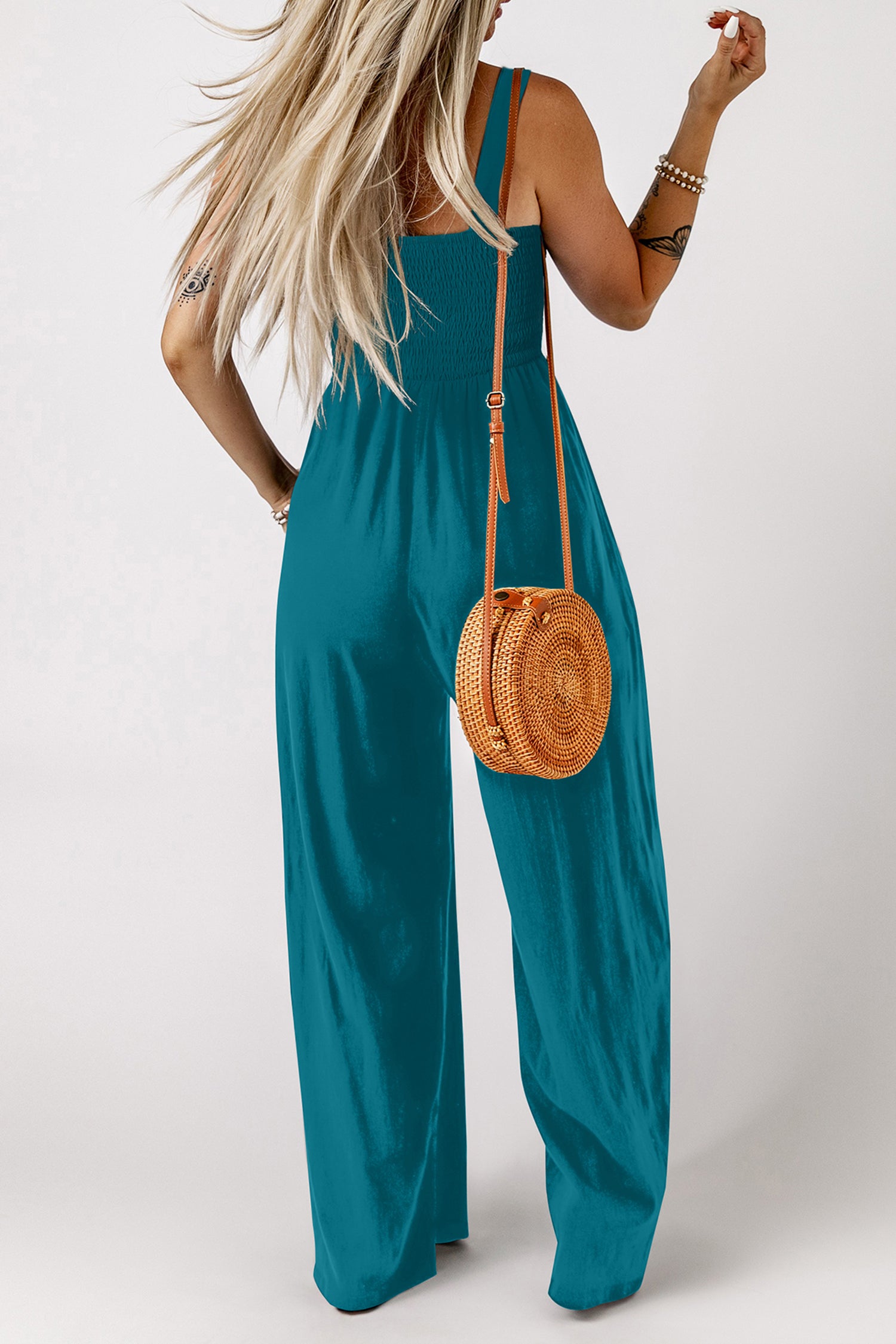 Rose Red Smocked Square Neck Sleeveless Jumpsuit with Pockets