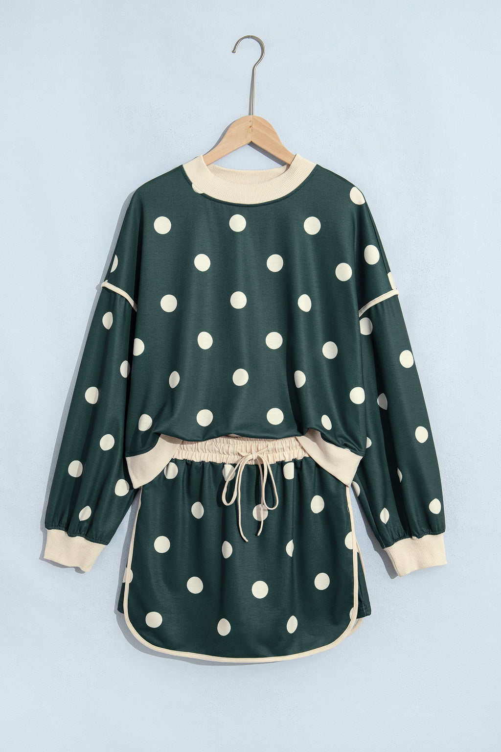 Green Polka Dot Print Color Block Trim Baggy Pullover Drawstring Skirt 2pcs Set