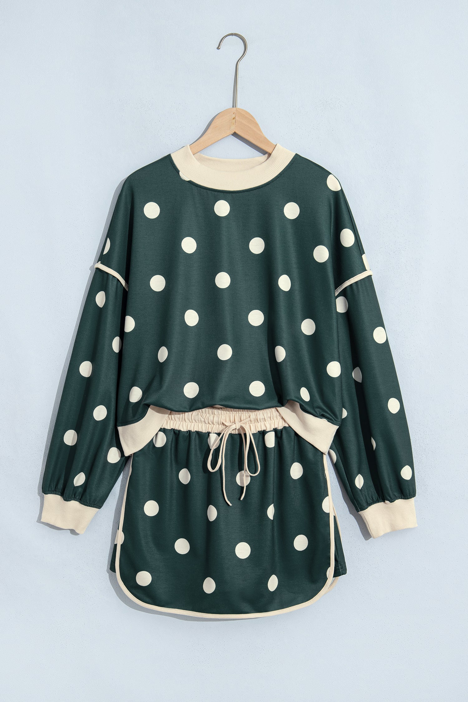 Green Polka Dot Print Color Block Trim Baggy Pullover Drawstring Skirt 2pcs Set